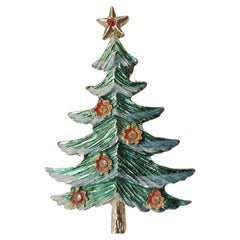 Vintage B.J Green Enamel Christmas Tree Brooch w Floral Ornament Crystal Accents