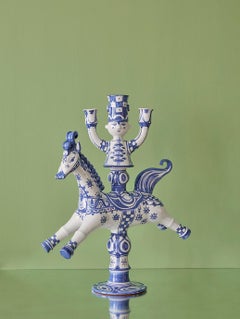 Vintage Bjørn Wiinblad "Horserider" Candlestick in Painted Ceramic, Denmark 1971