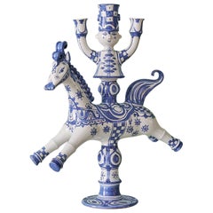 Vintage Bjørn Wiinblad "Horserider" Candlestick in Painted Ceramic, Denmark 1971