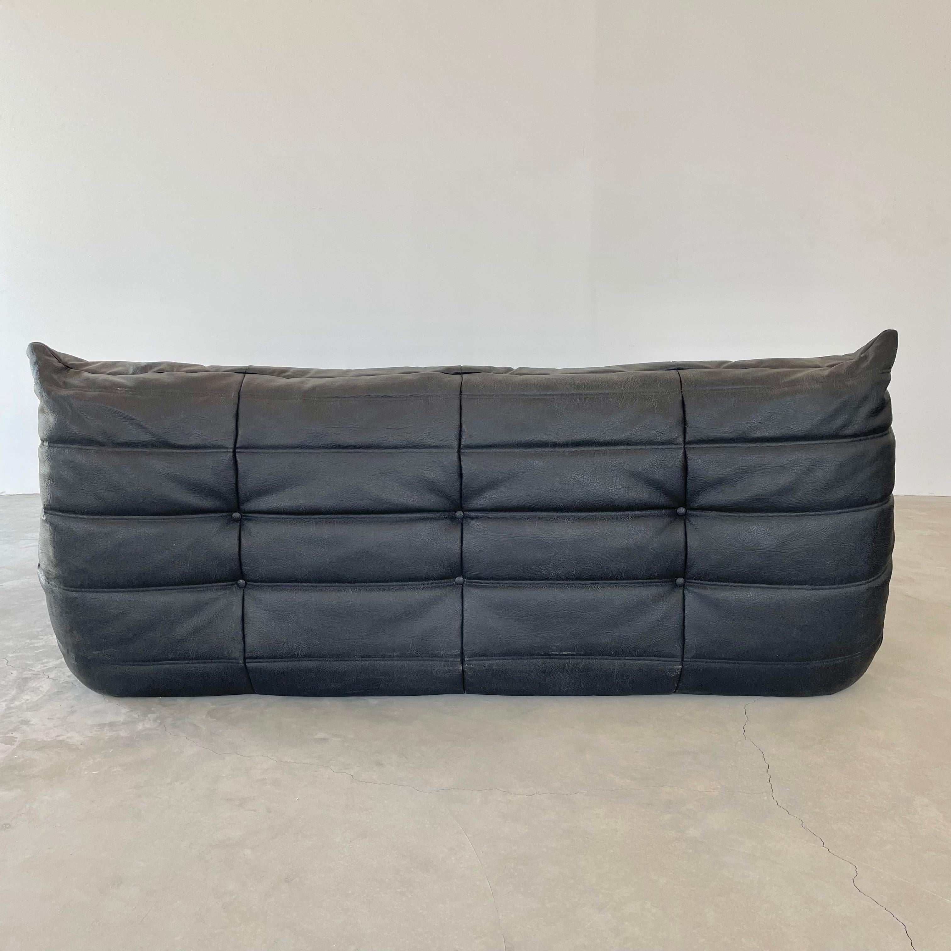 20th Century Black 3 Seat Leather Togo Sofa by Ligne Roset, 1980s France