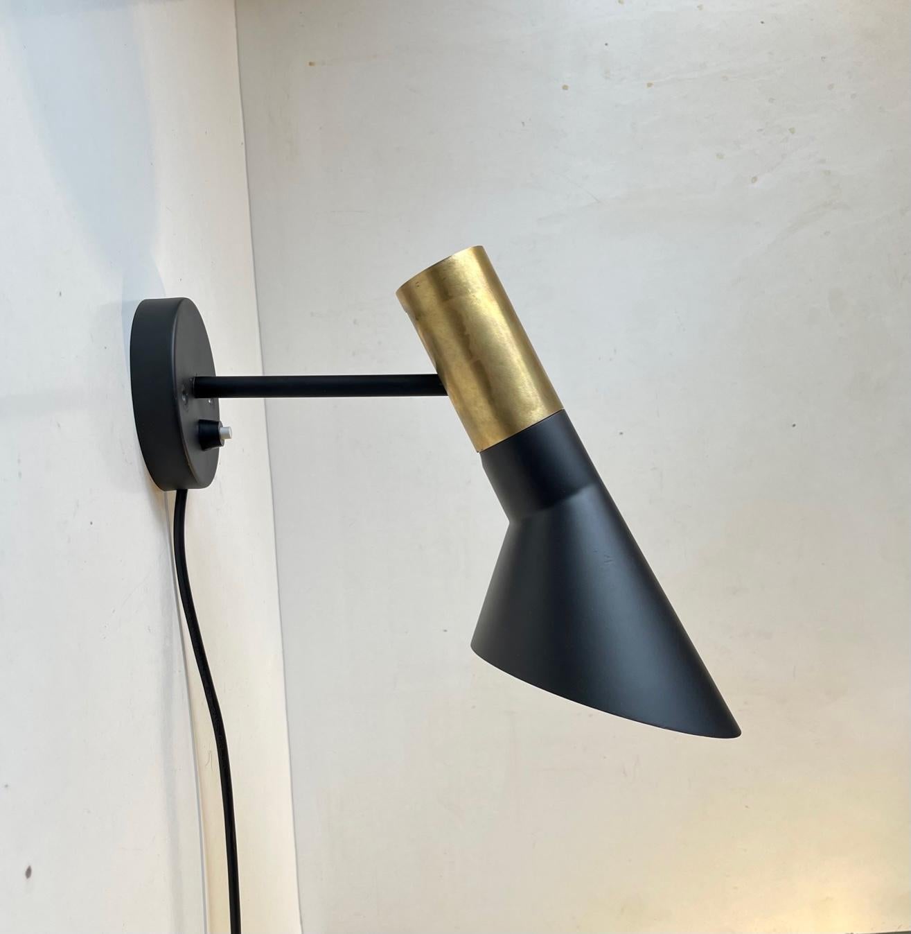 Mid-Century Modern Vintage Black AJ Wall Lamp in Brass by Arne Jacobsen for Louis Poulsen, 1960s