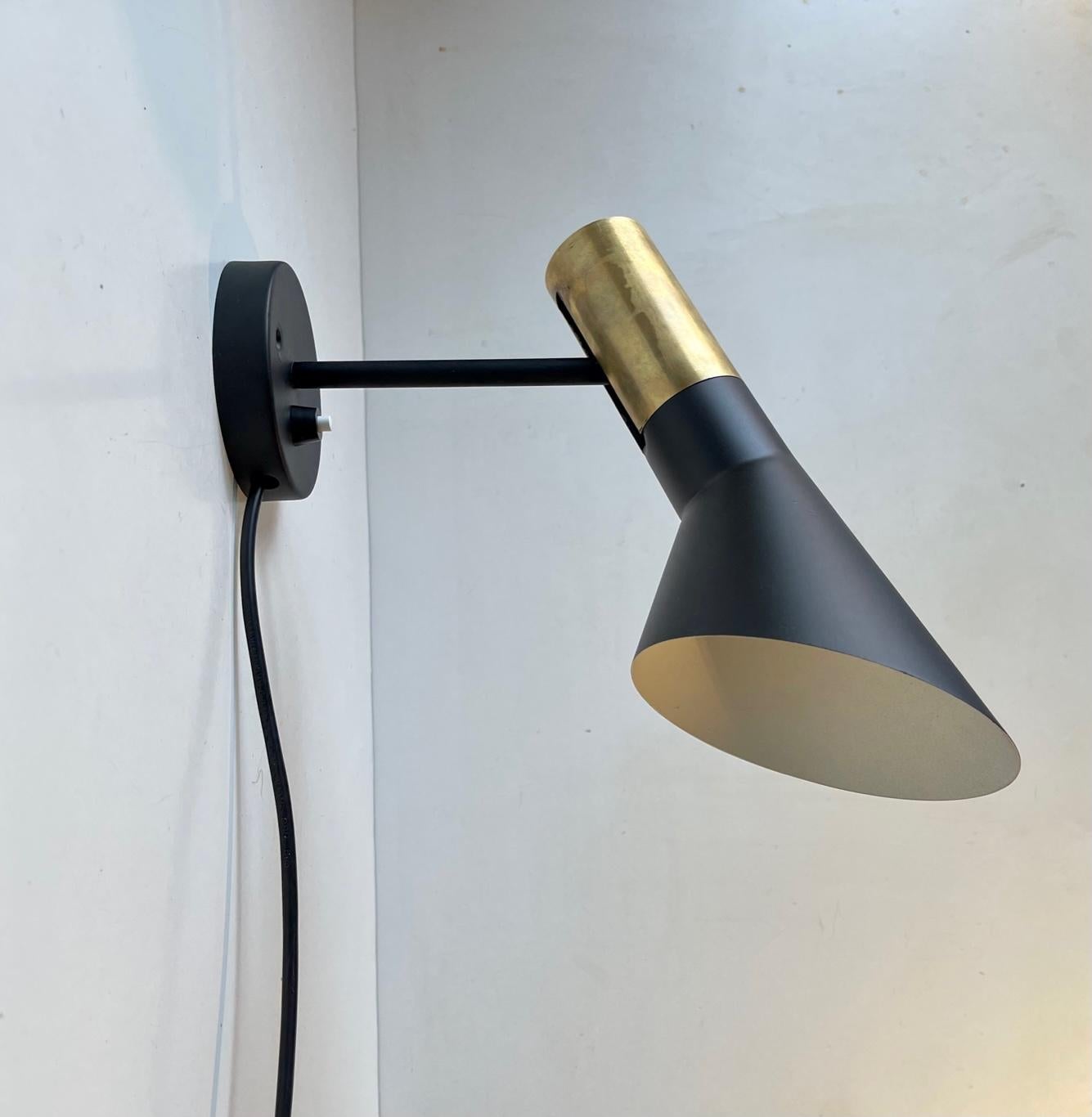 Danish Vintage Black AJ Wall Lamp in Brass by Arne Jacobsen for Louis Poulsen, 1960s