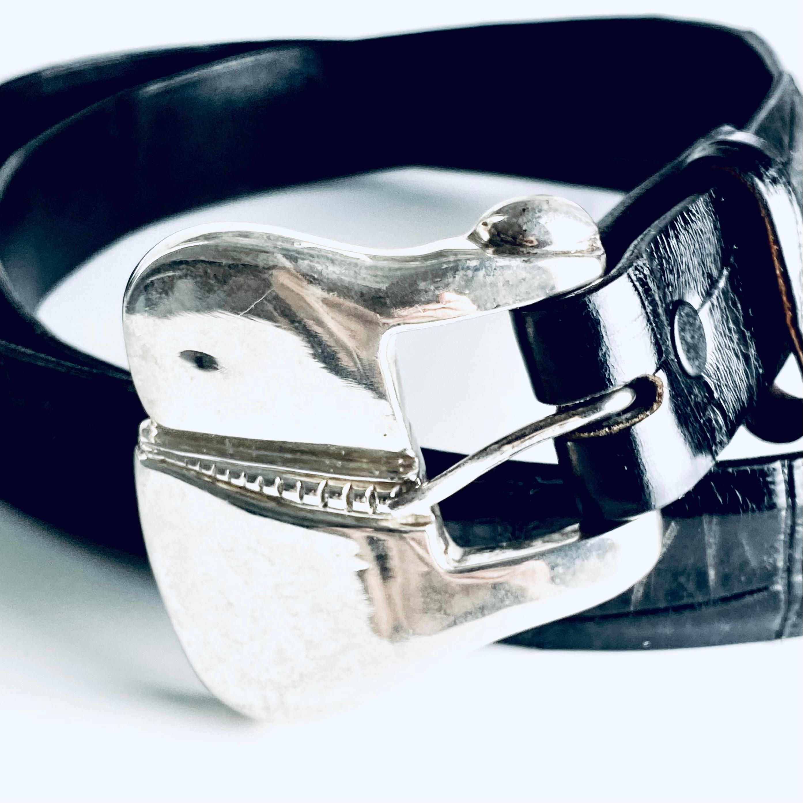 Schwarzer Alligatorgürtel im Vintage-Stil mit Sterlingsilberschnalle im Angebot 5