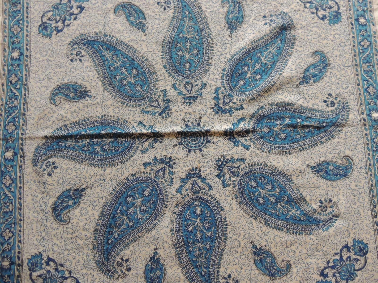 Moorish Vintage Black and Blue Paisley Hand-Blocked Cloth with Hand-Knotted Fringes