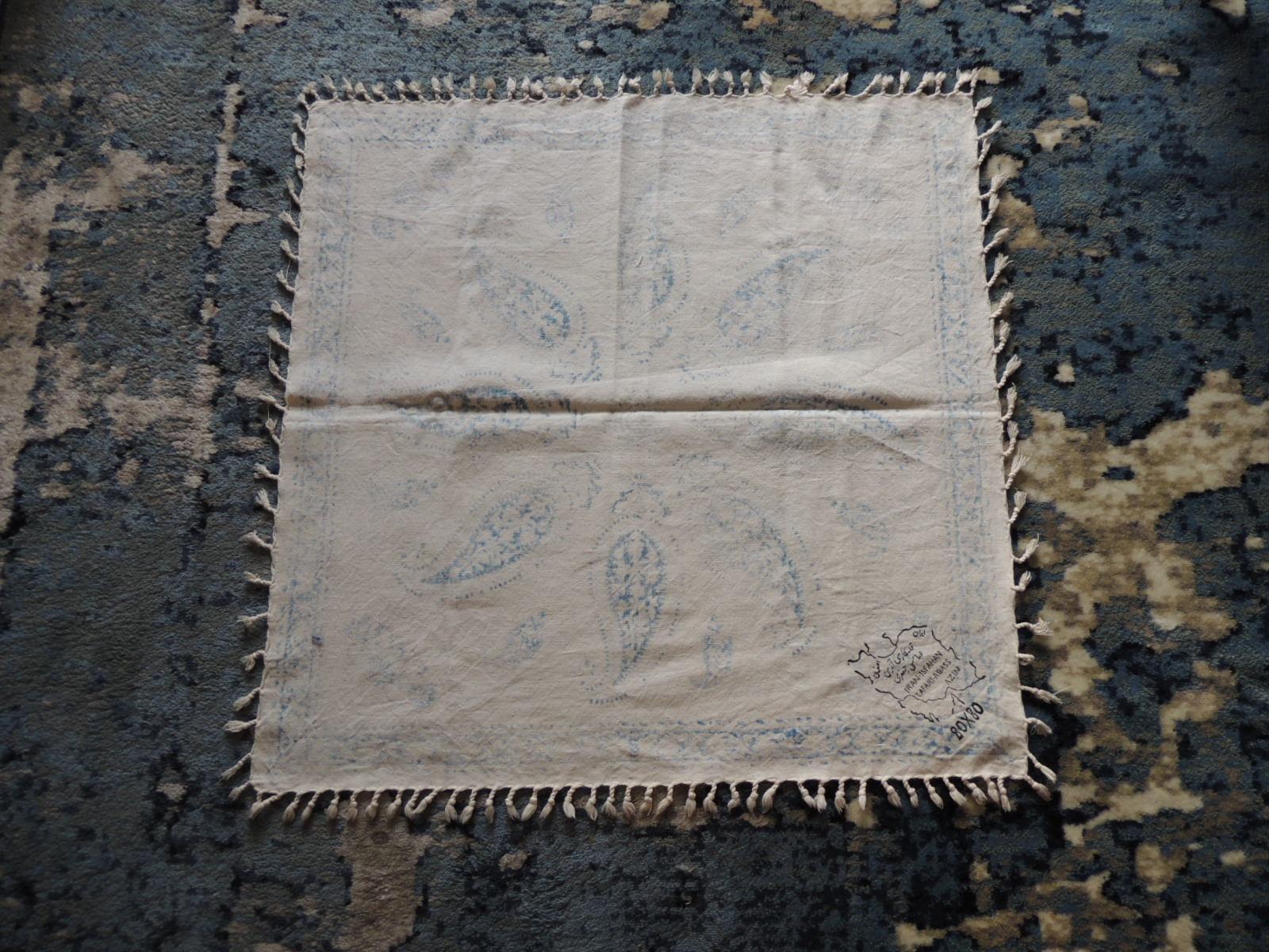 Armenian Vintage Black and Blue Paisley Hand-Blocked Cloth with Hand-Knotted Fringes