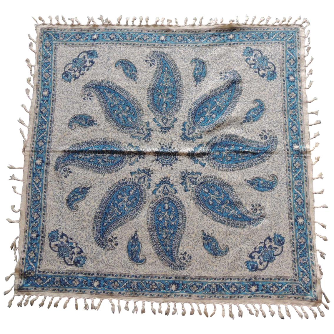Vintage Black and Blue Paisley Hand-Blocked Cloth with Hand-Knotted Fringes