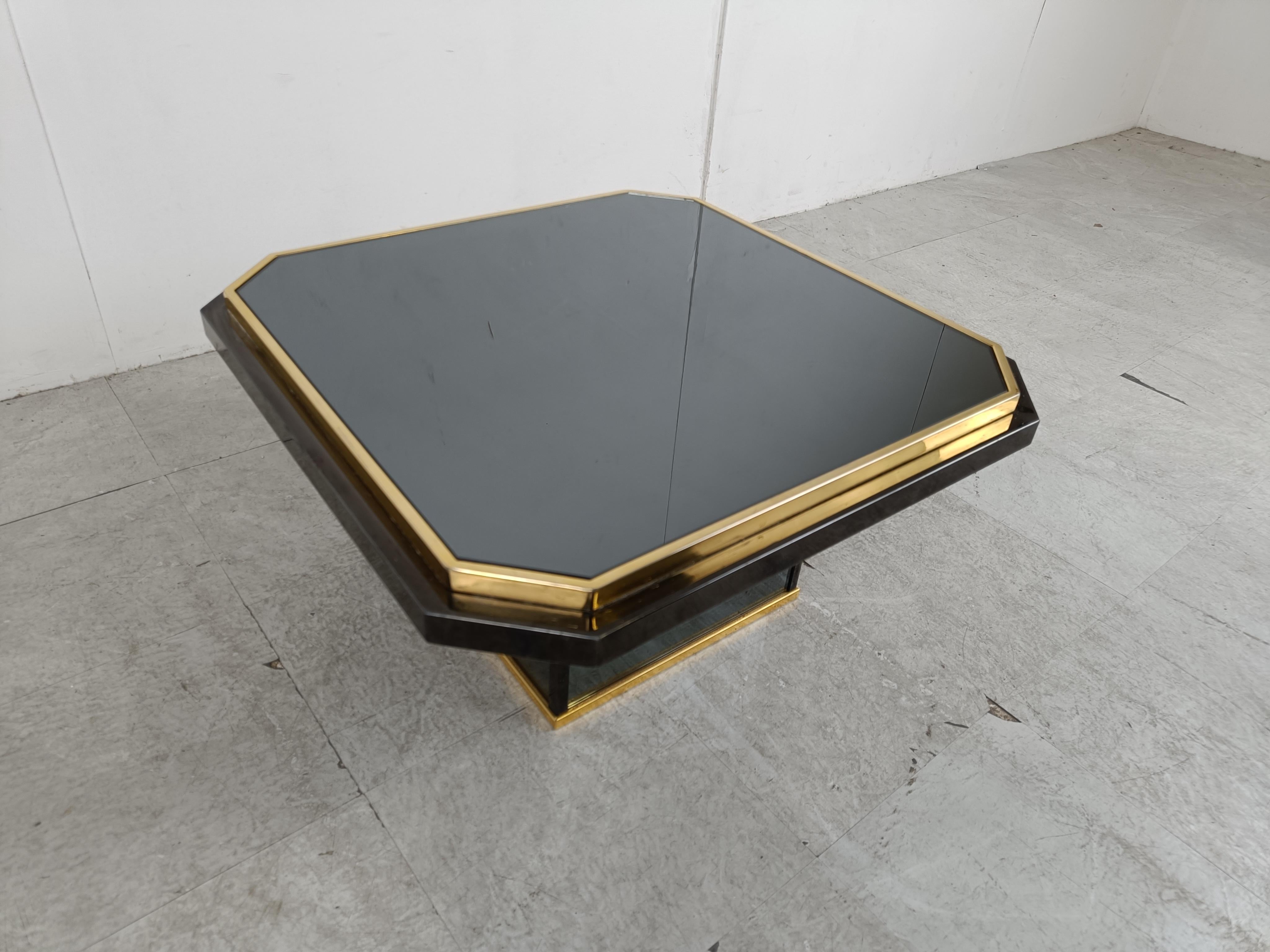 Brass Vintage black and brass coffee table, 1970s For Sale