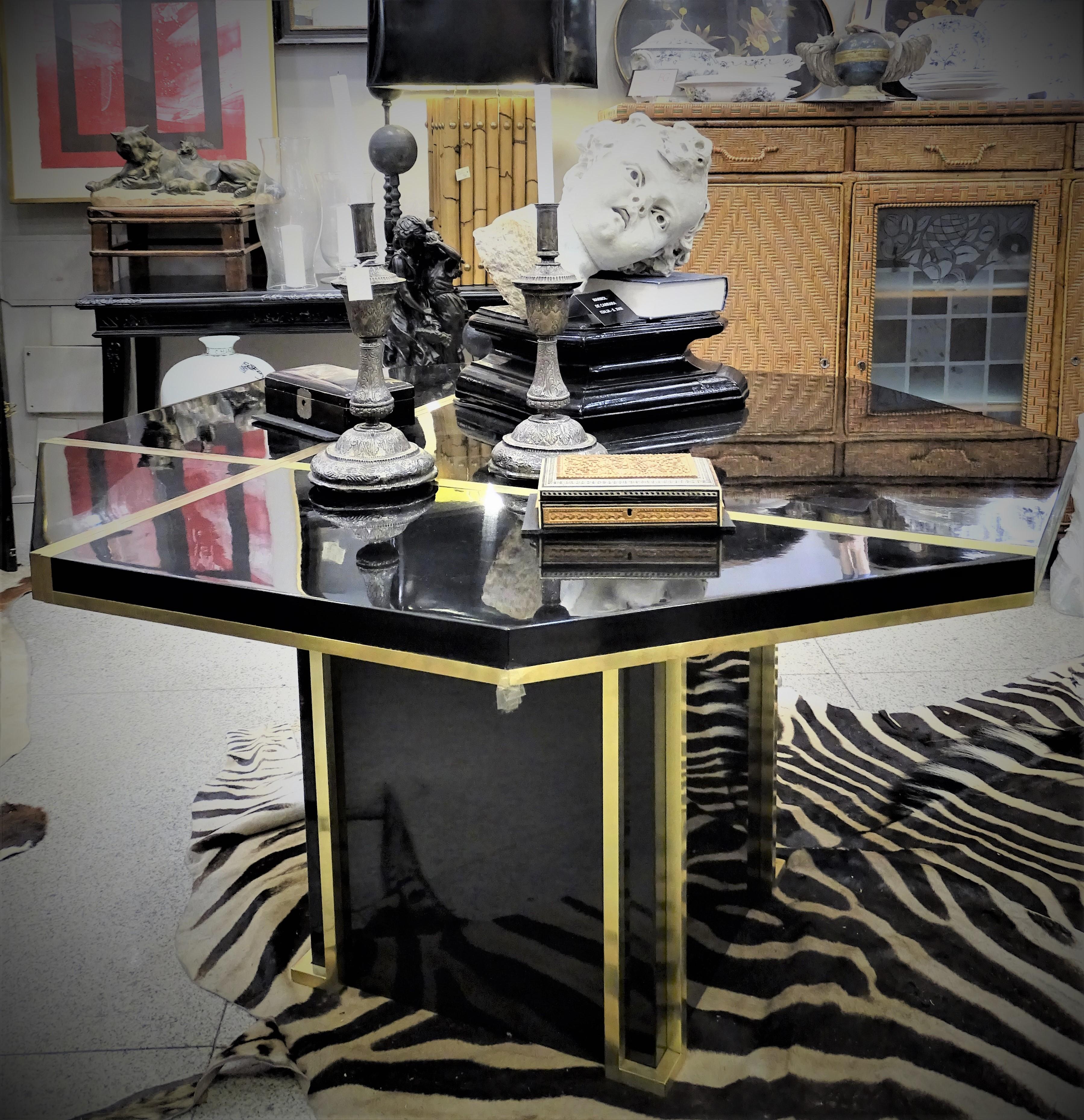 J.C Mahey 70s Black Dining Table, writing Table, lacquered, brass, italy, 2