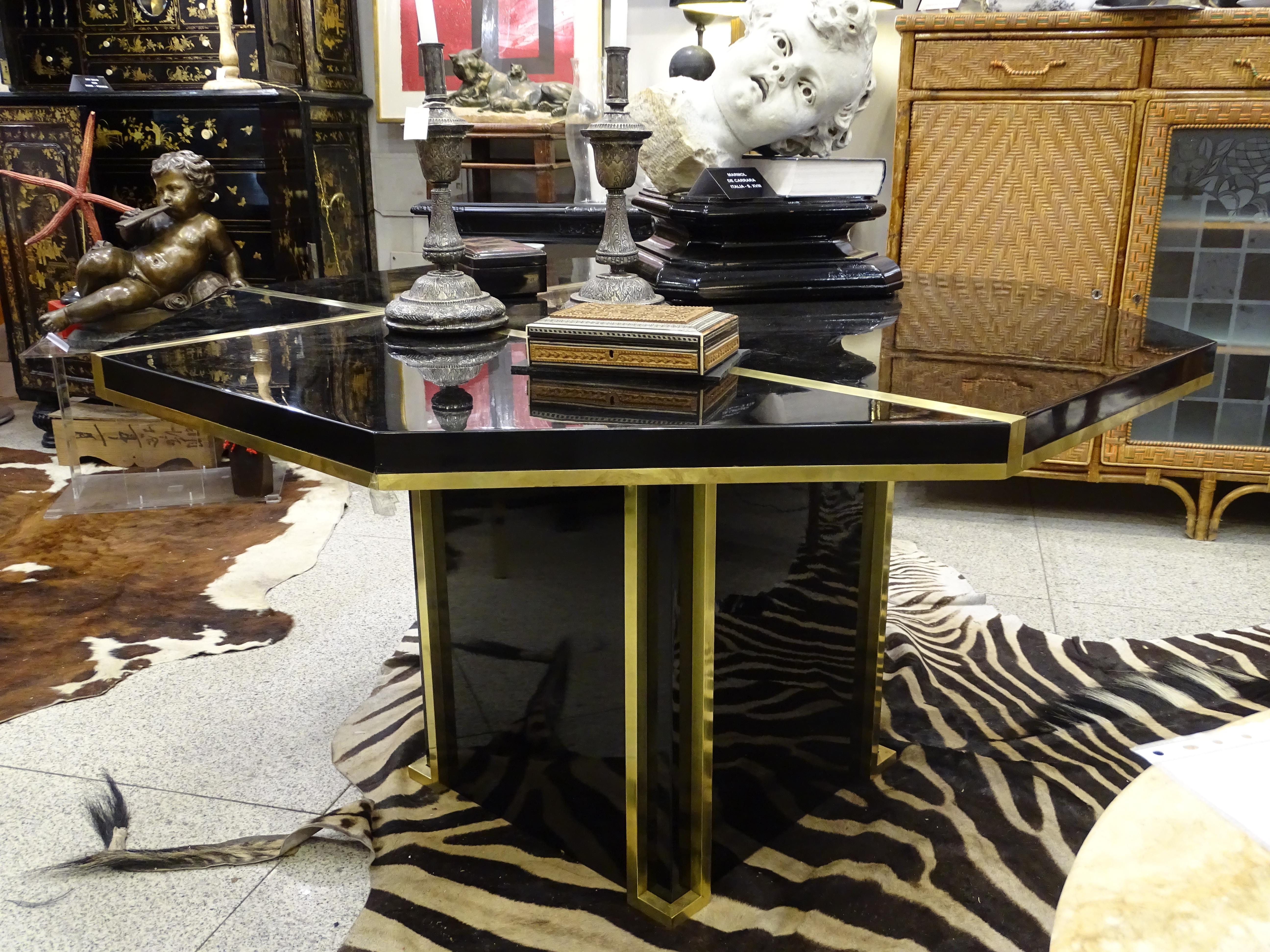 J.C Mahey 70s Black Dining Table, writing Table, lacquered, brass, italy, 4