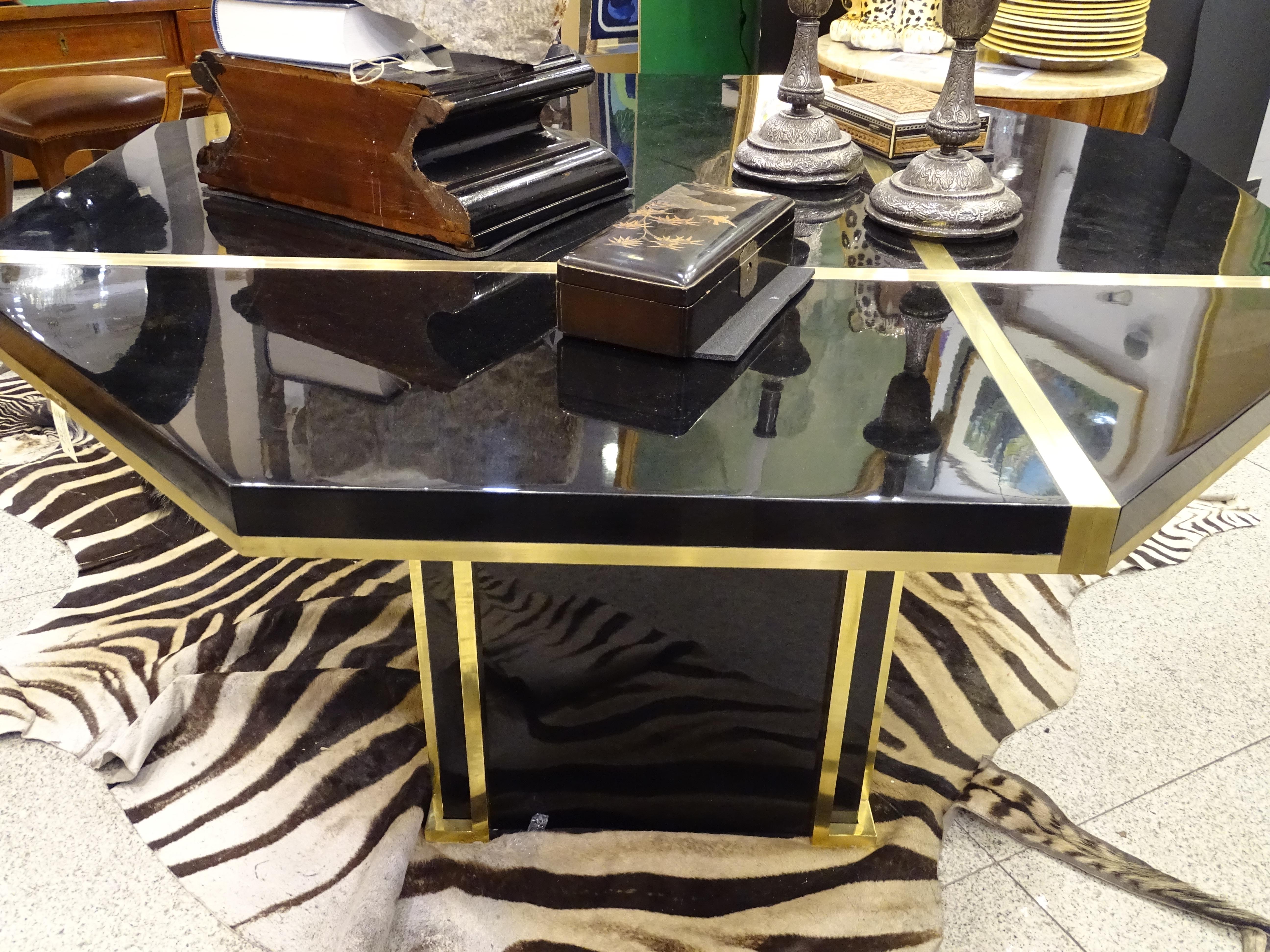 J.C Mahey 70s Black Dining Table, writing Table, lacquered, brass, italy, 5