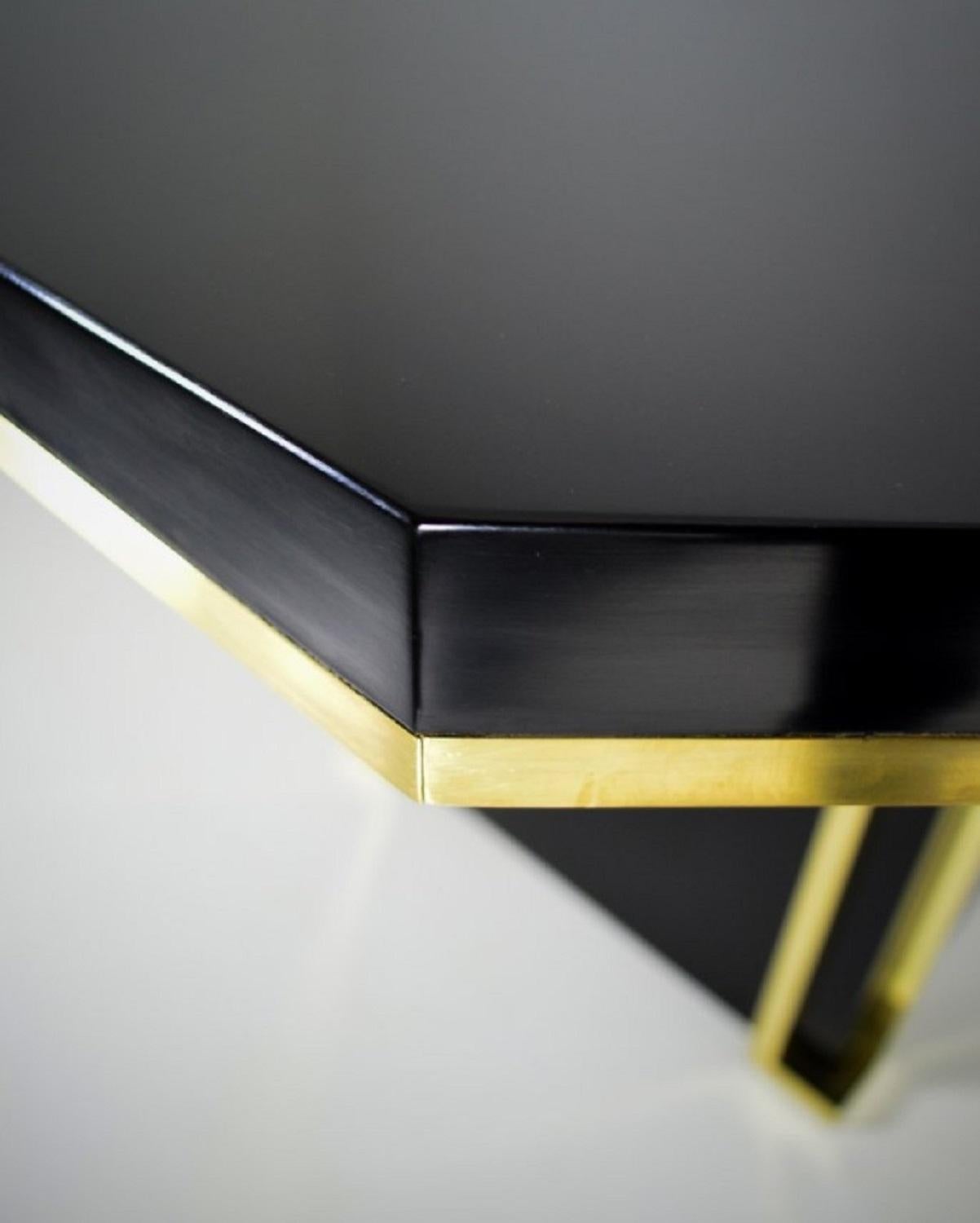 French J.C Mahey 70s Black Dining Table, writing Table, lacquered, brass, italy,