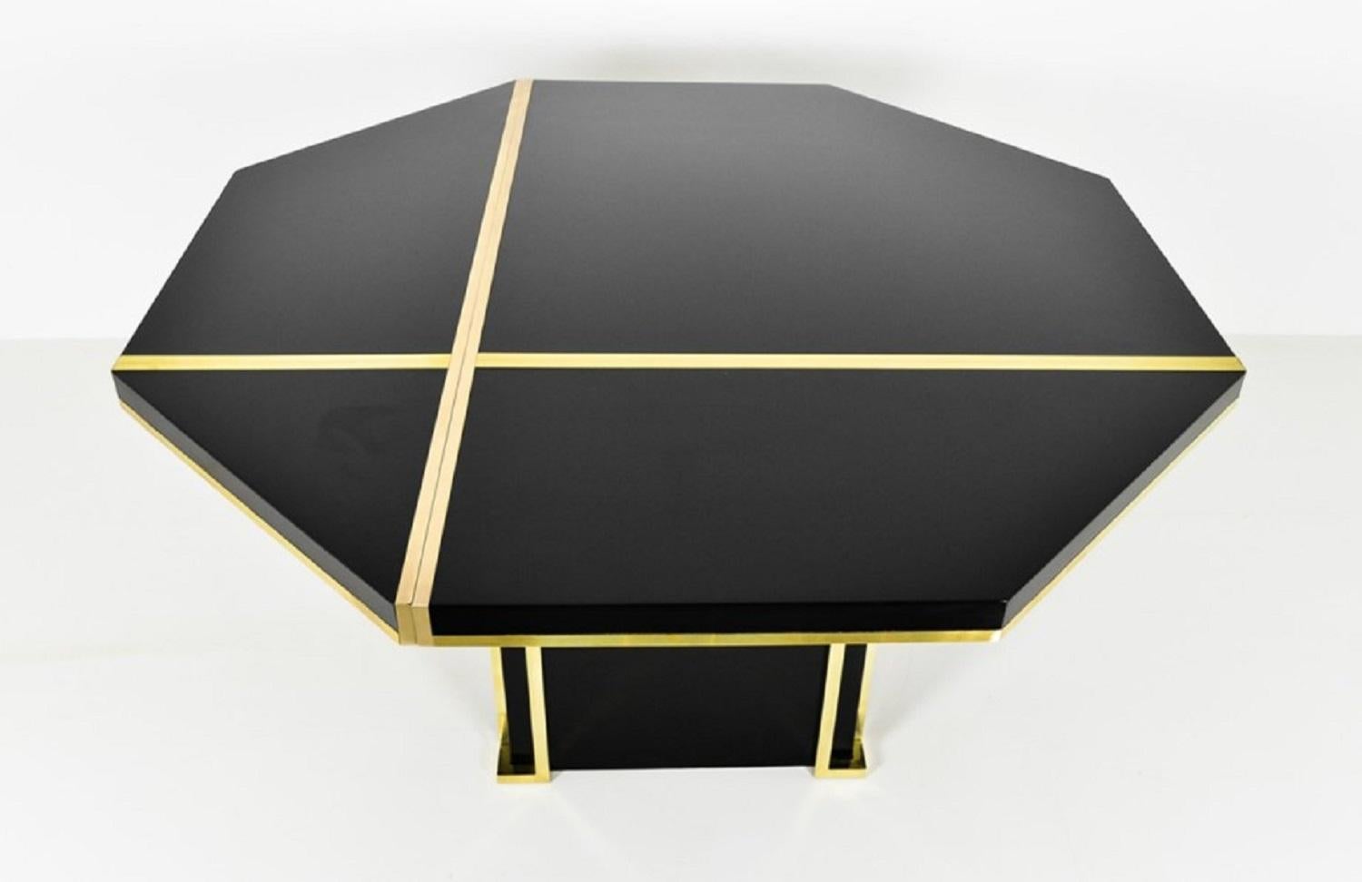 Lacquered J.C Mahey 70s Black Dining Table, writing Table, lacquered, brass, italy,