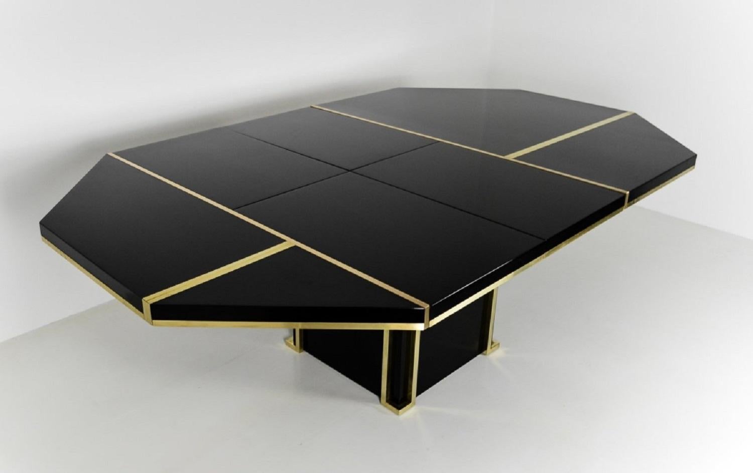 Brass J.C Mahey 70s Black Dining Table, writing Table, lacquered, brass, italy,