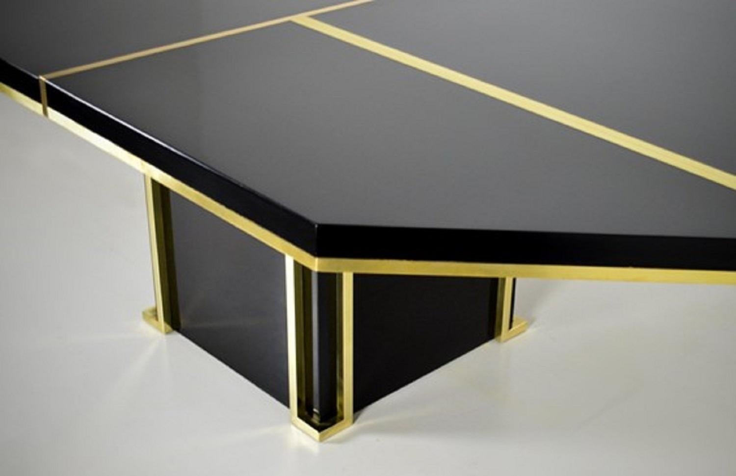 J.C Mahey 70s Black Dining Table, writing Table, lacquered, brass, italy, 1