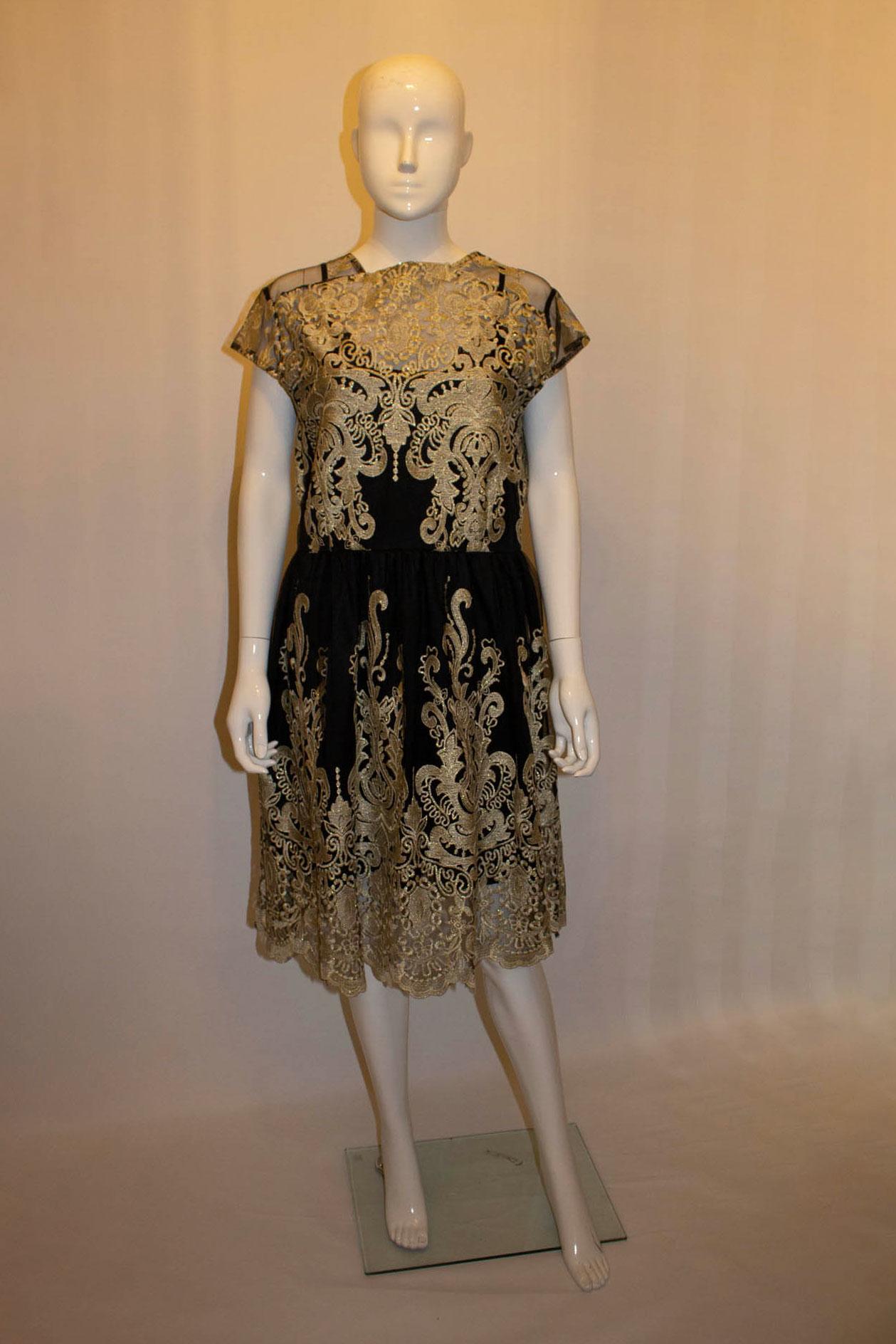 Women's Vintage Black and Gold Lace Dress For Sale