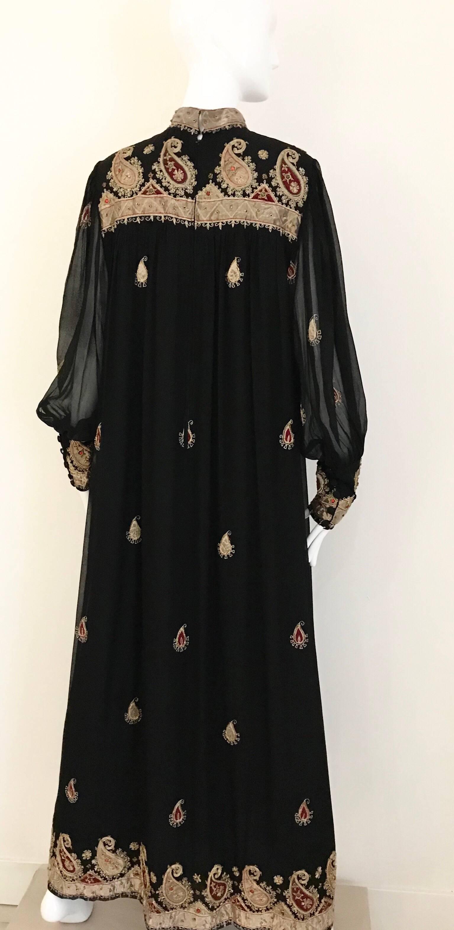 Vintage Black and Gold Paisley Embroidered Silk Caftan Maxi Dress with Belt 3