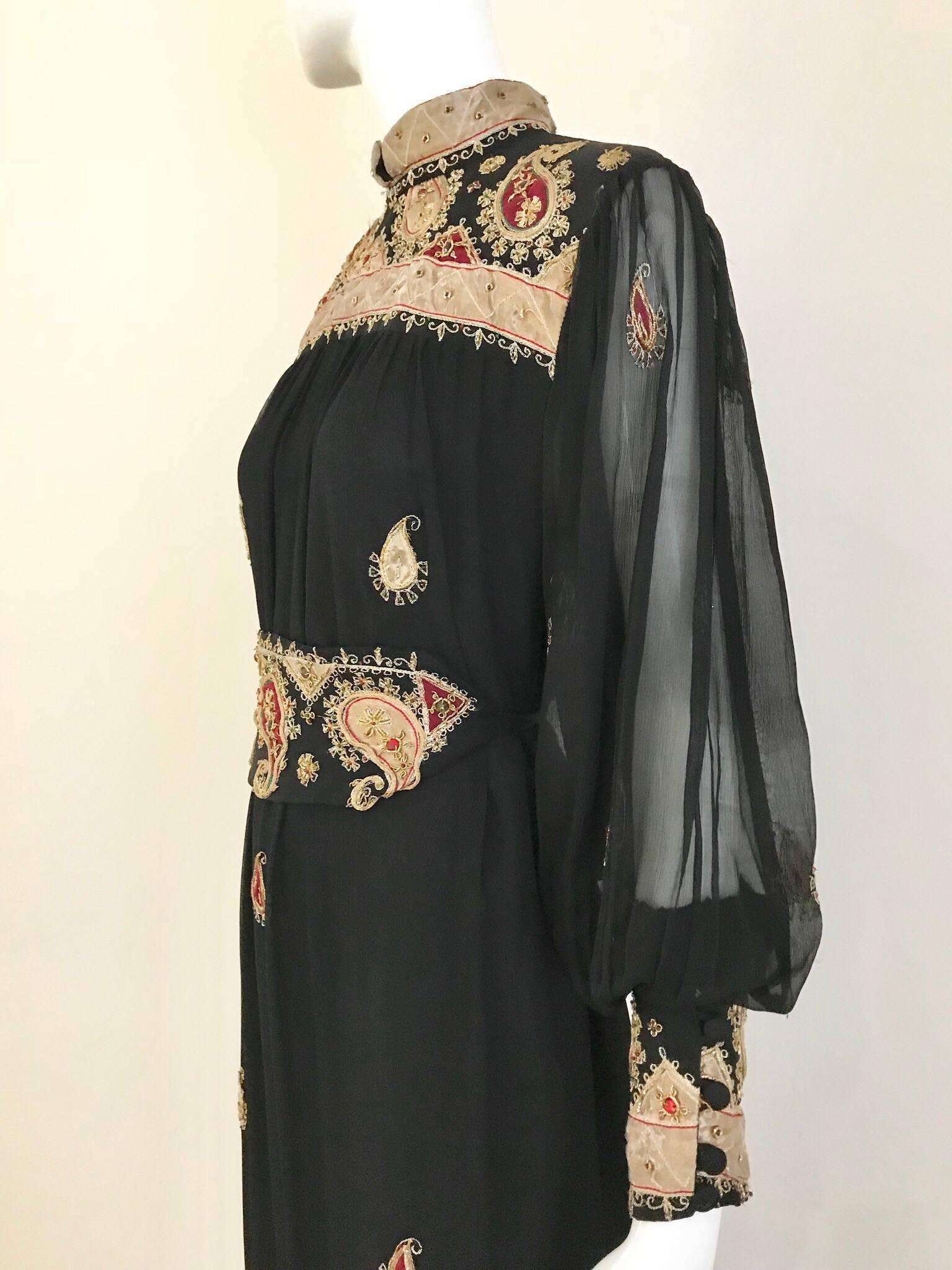 Vintage Black and Gold Paisley Embroidered Silk Caftan Maxi Dress with Belt 1