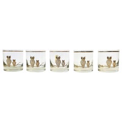 Vintage Owl Bird Cocktail Rocks' Glasses in Black and Gold, ca 1960s, Set of 5
