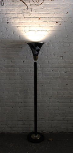 Vintage Black and Gold Torchiere Floor Lamp with Calla Lily Motif
