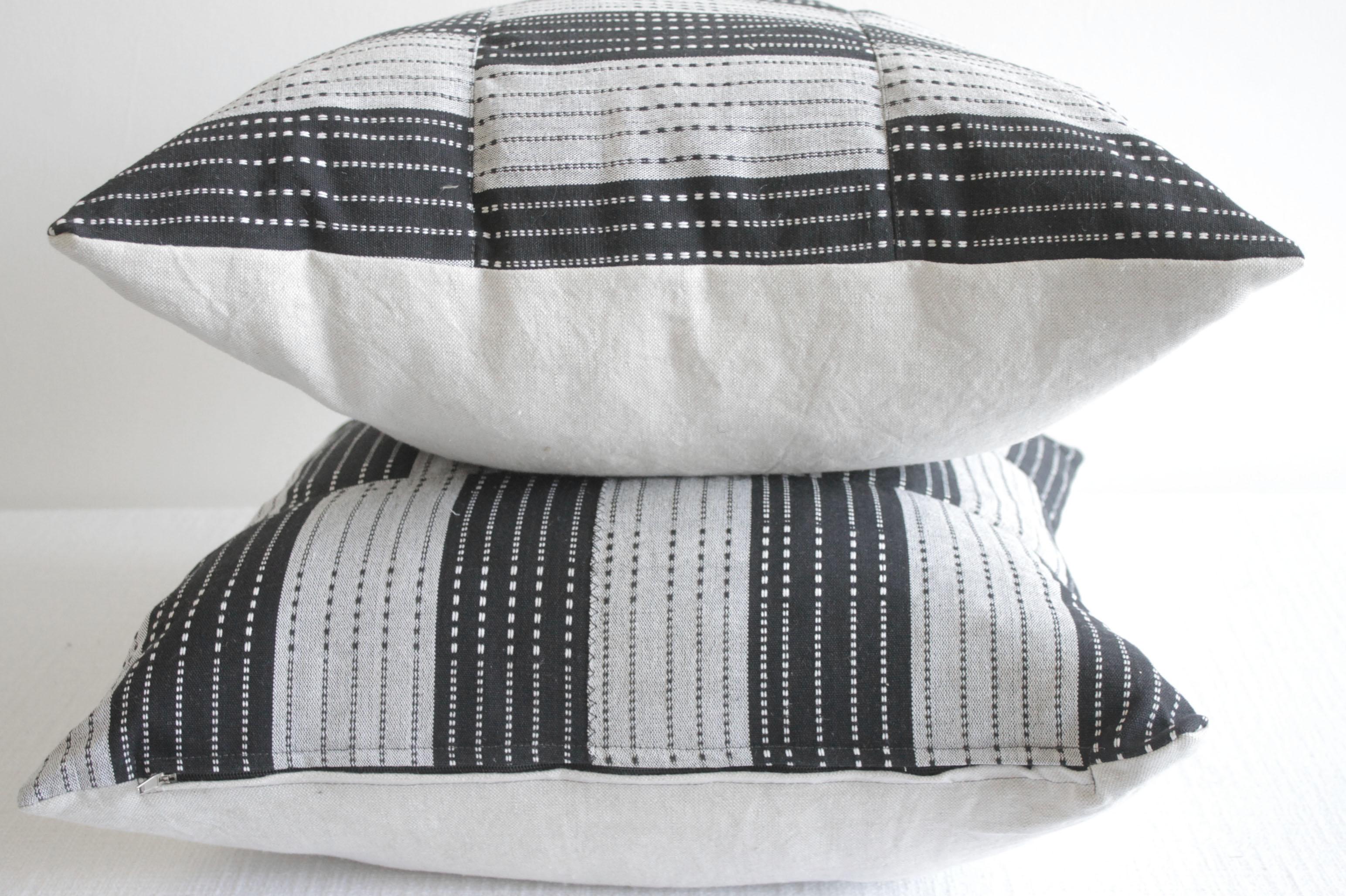 Contemporary Vintage Black and Natural Color Block Pillows For Sale