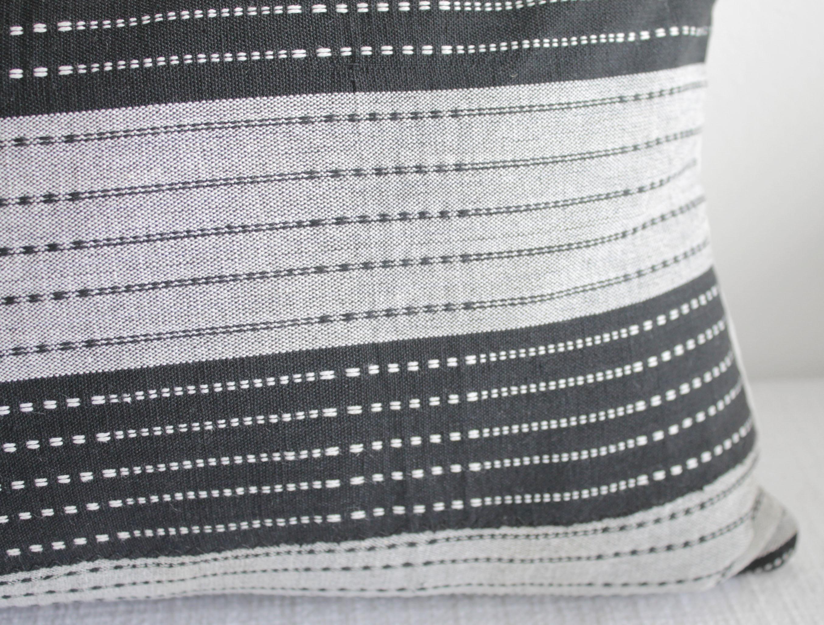 20th Century Vintage Black and Natural Striped Linen Lumbar Pillow For Sale