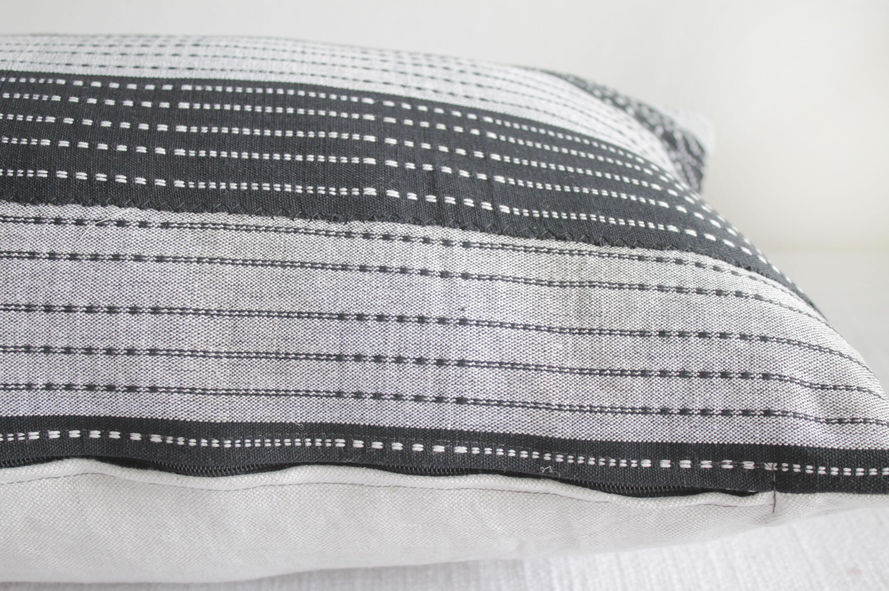 Cotton Vintage Black and Natural Striped Linen Lumbar Pillow For Sale