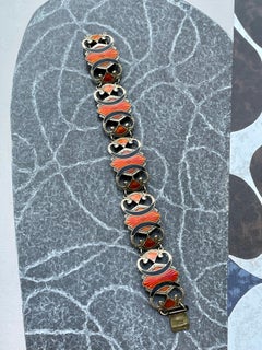 Vintage Black and Orange Enamel Sterling Silver Bracelet