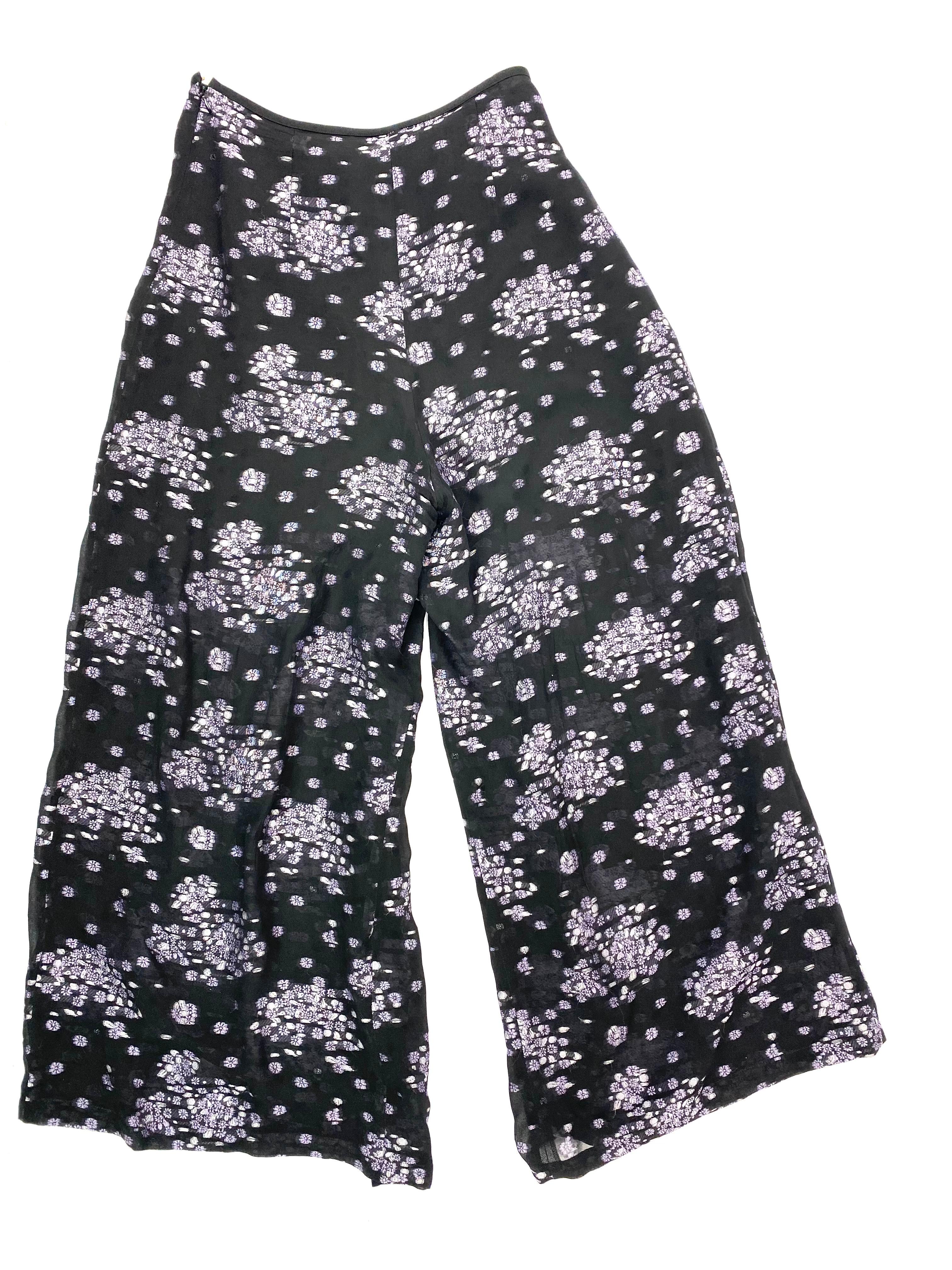 Vintage Black and Purple Floral Flare Pants, Size 2 In Excellent Condition For Sale In Beverly Hills, CA