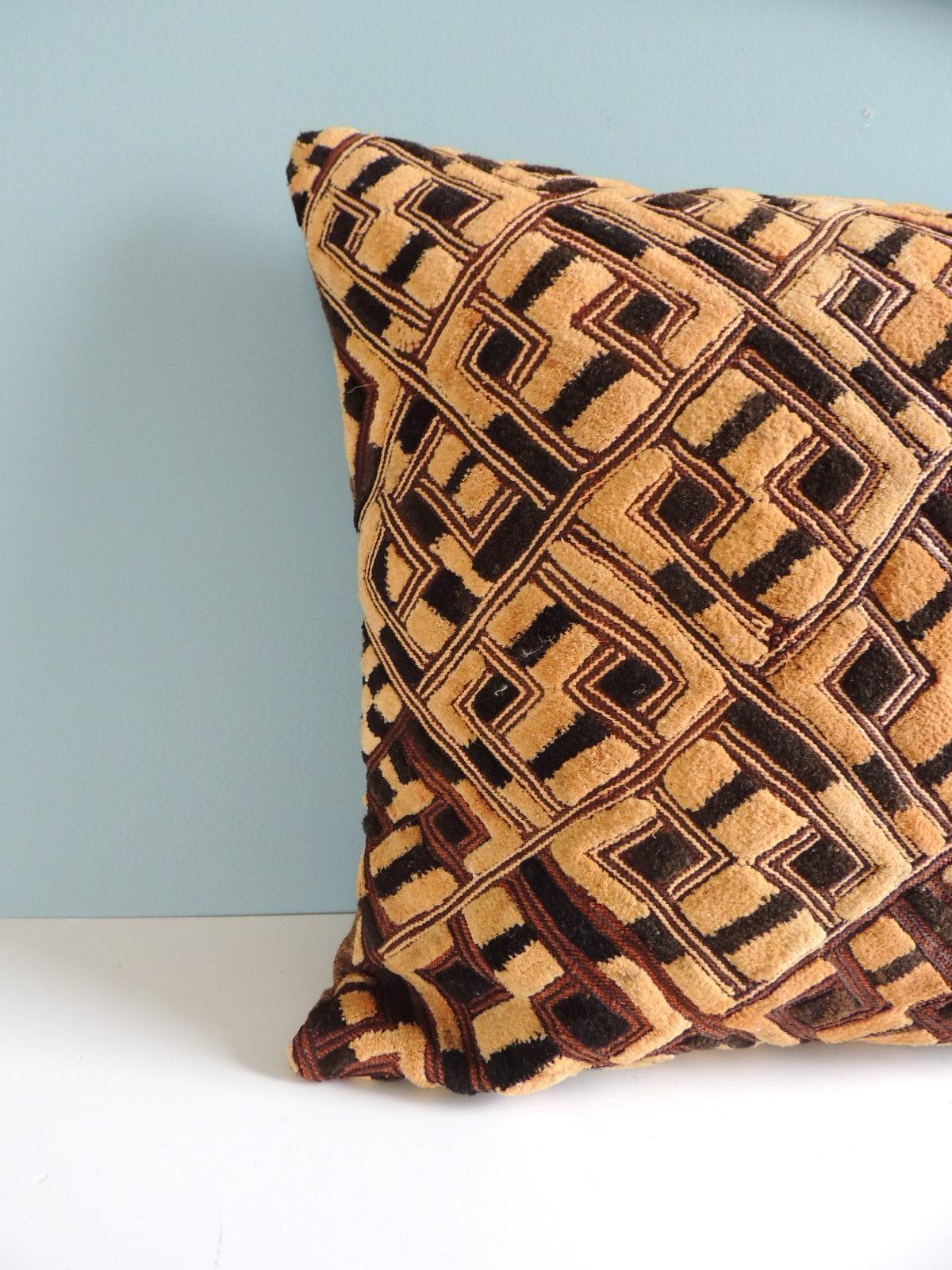Hand-Crafted Vintage Black and Tan Raffia Velvet Kuba African Square Decorative Pillow