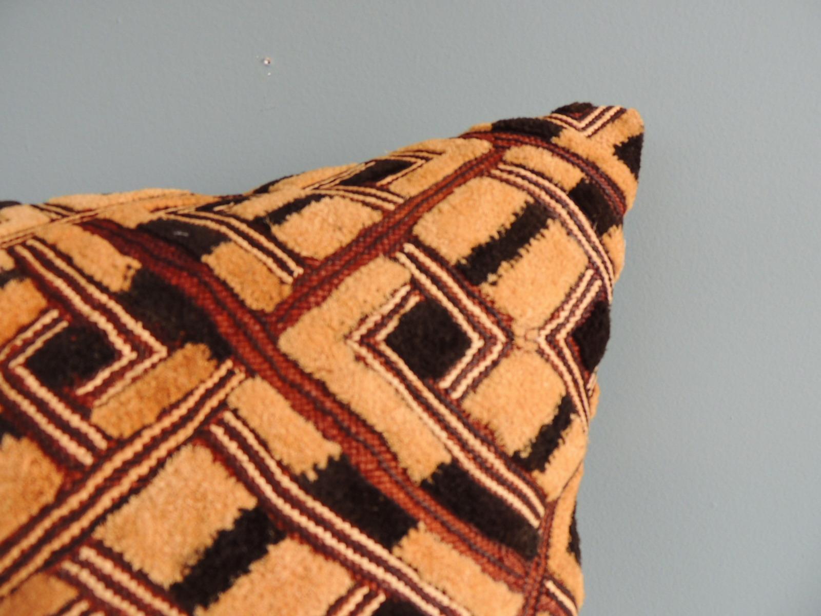 Late 20th Century Vintage Black and Tan Raffia Velvet Kuba African Square Decorative Pillow