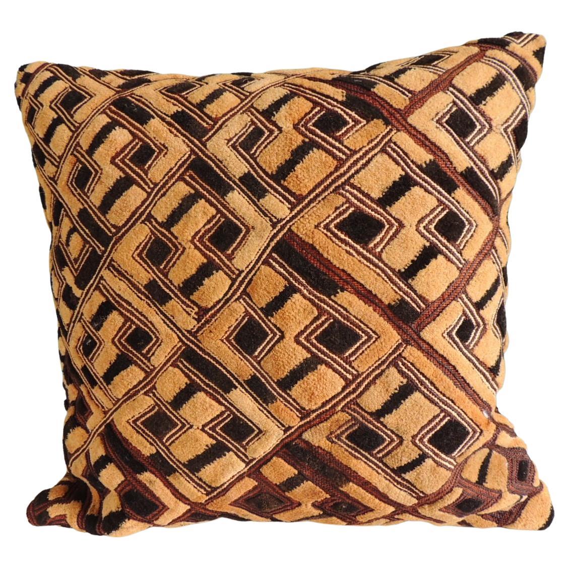 Vintage Black and Tan Raffia Velvet Kuba African Square Decorative Pillow