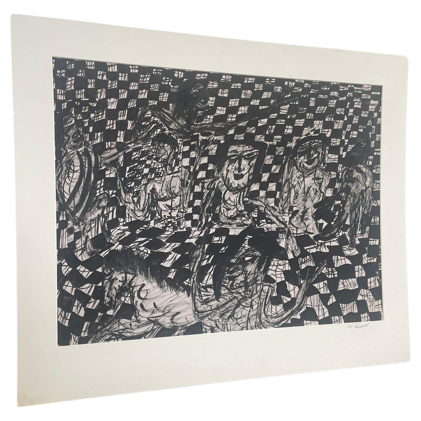 Grafica astratta a pennarello in bianco e nero d'epoca.