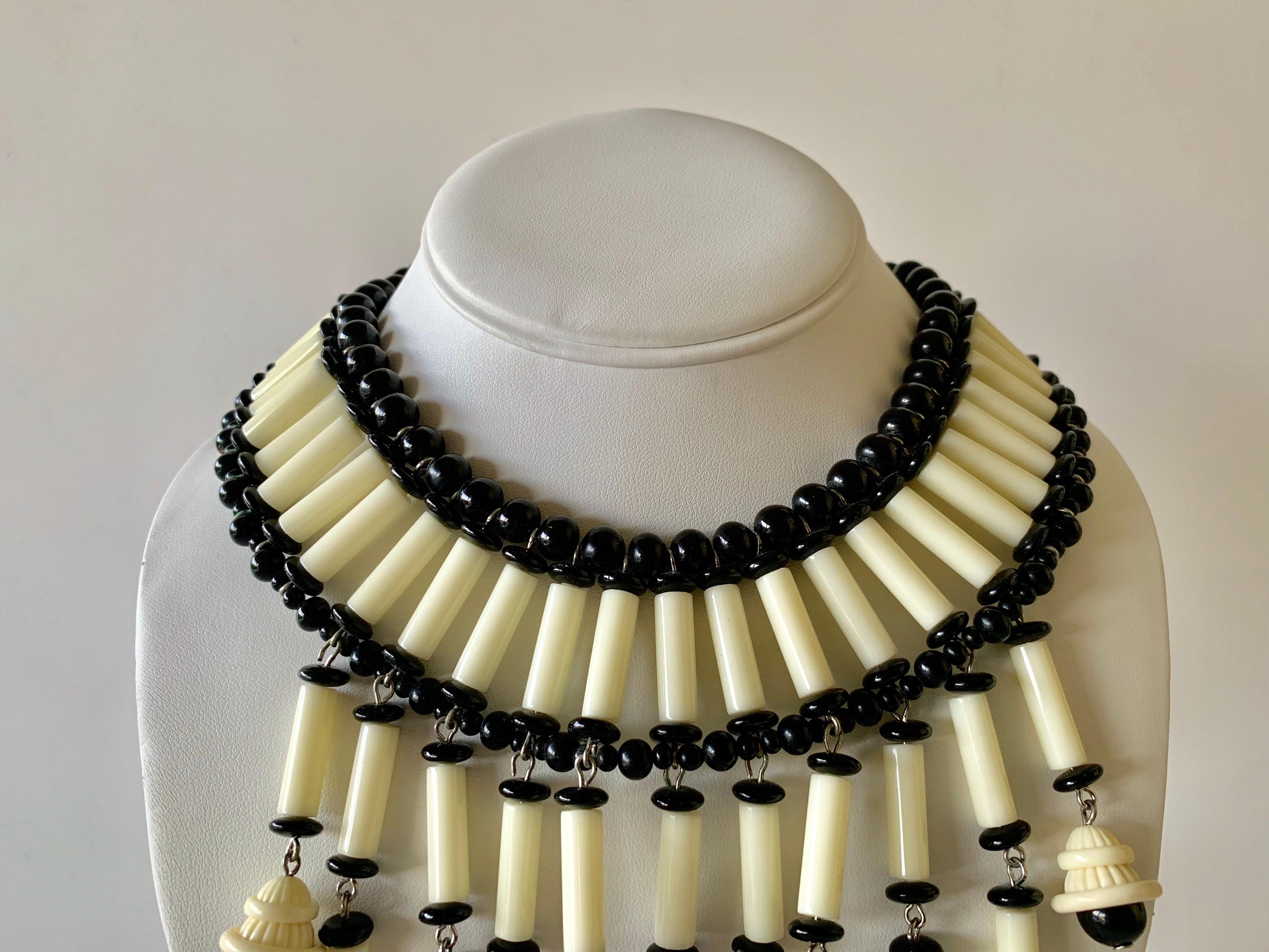 OOAK Black and White Architectural Fringe Statement Necklace  2