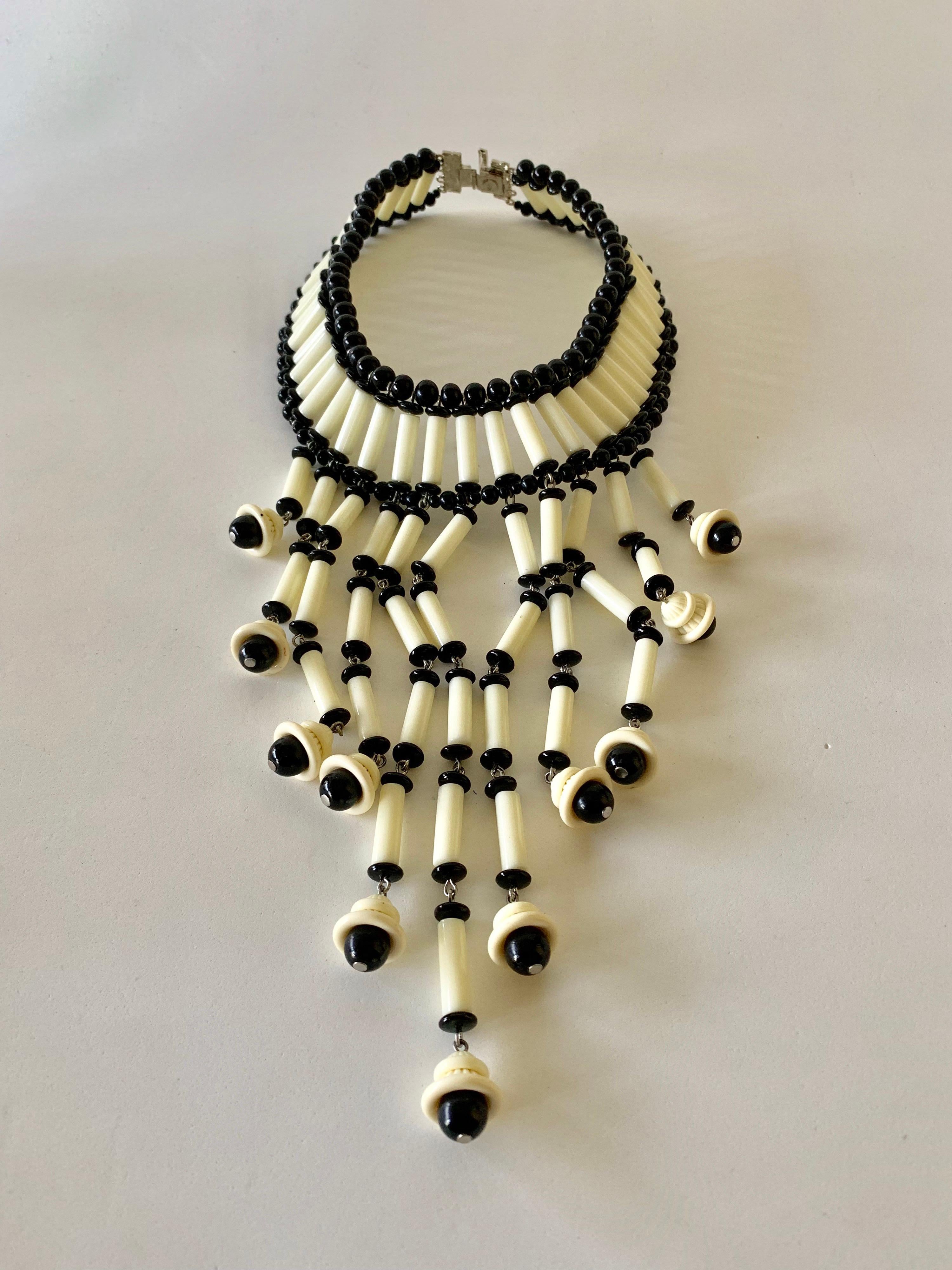 OOAK Black and White Architectural Fringe Statement Necklace  3