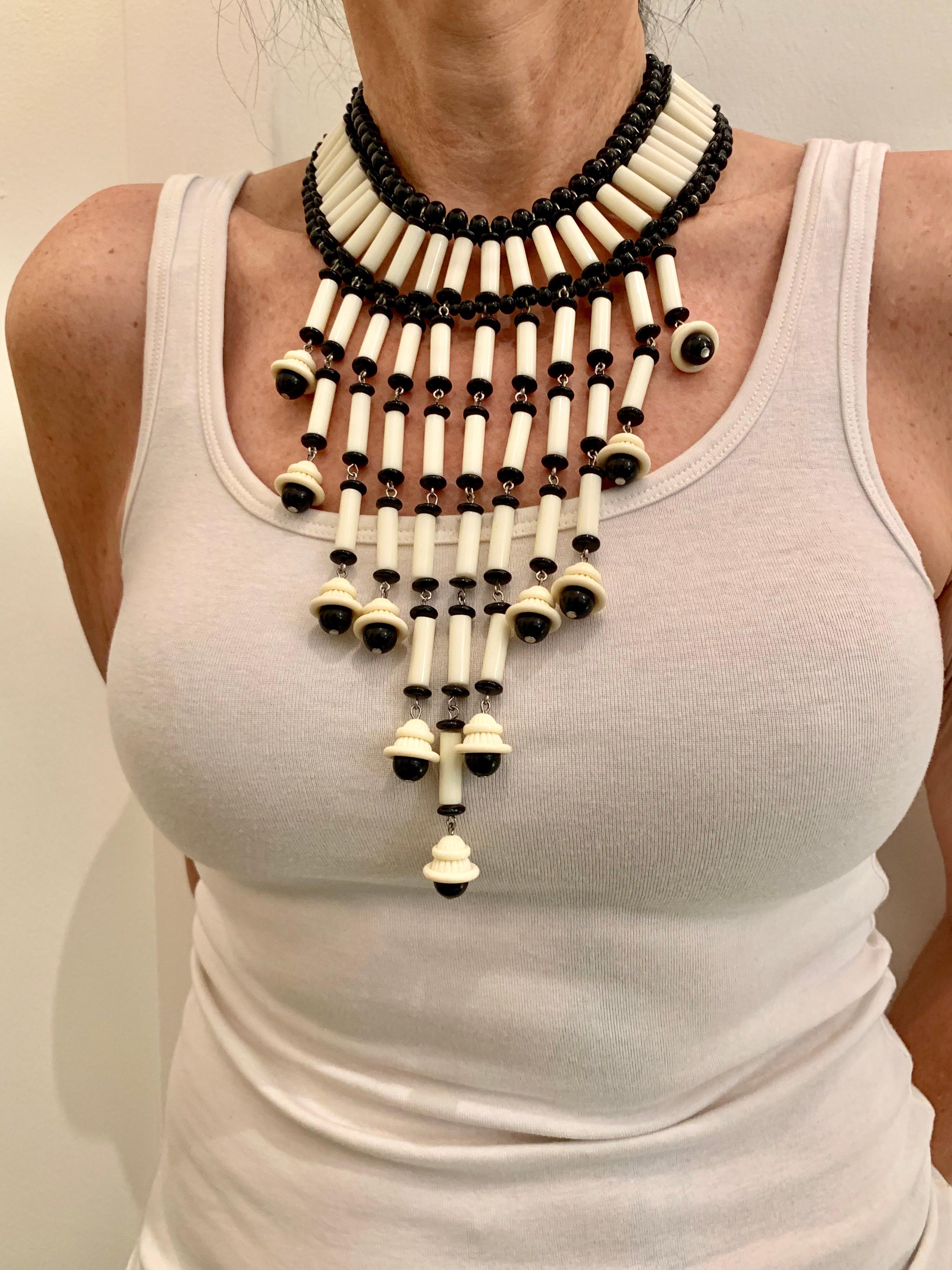 OOAK Black and White Architectural Fringe Statement Necklace  In Excellent Condition In Palm Springs, CA