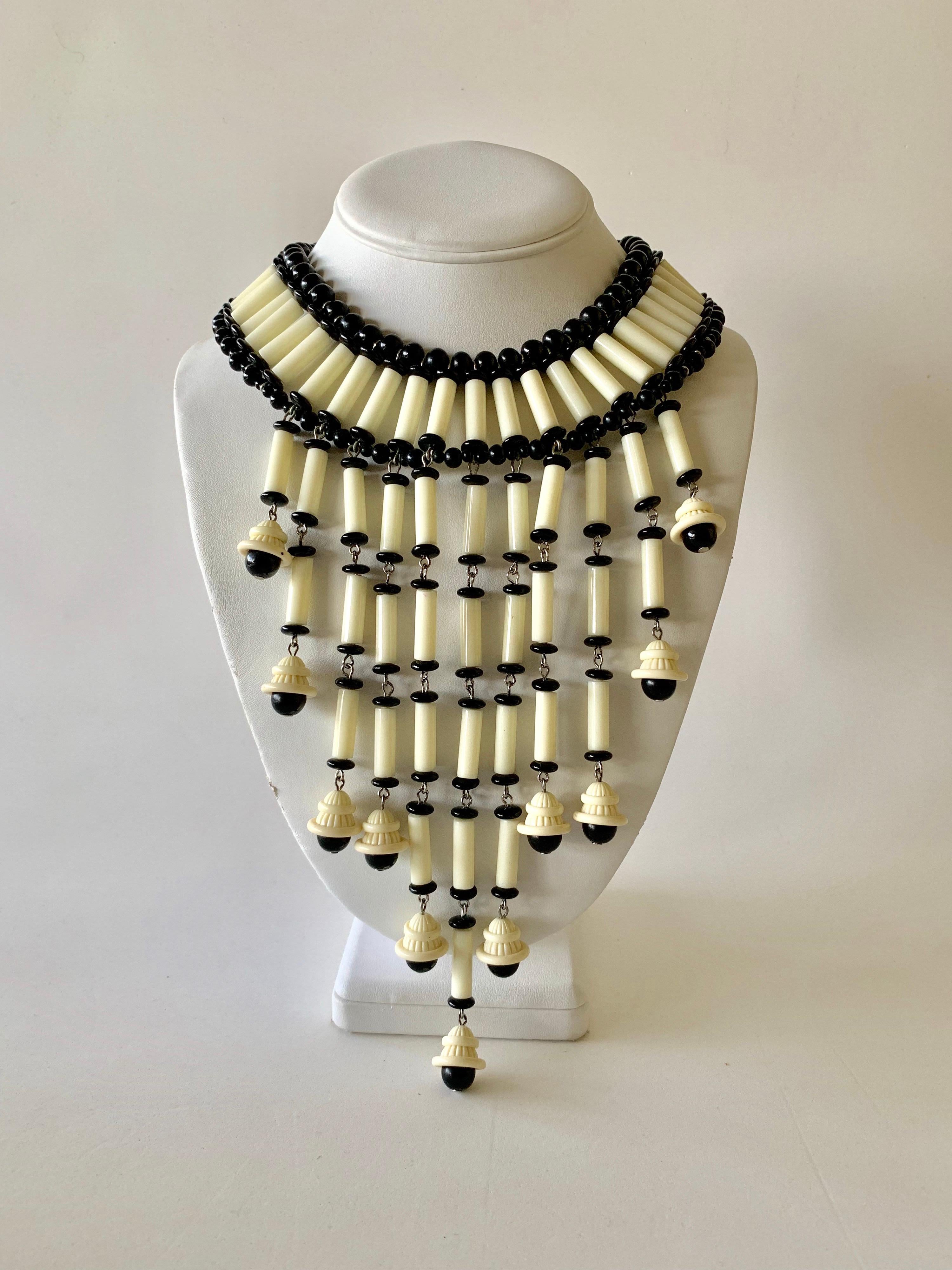 Women's OOAK Black and White Architectural Fringe Statement Necklace 