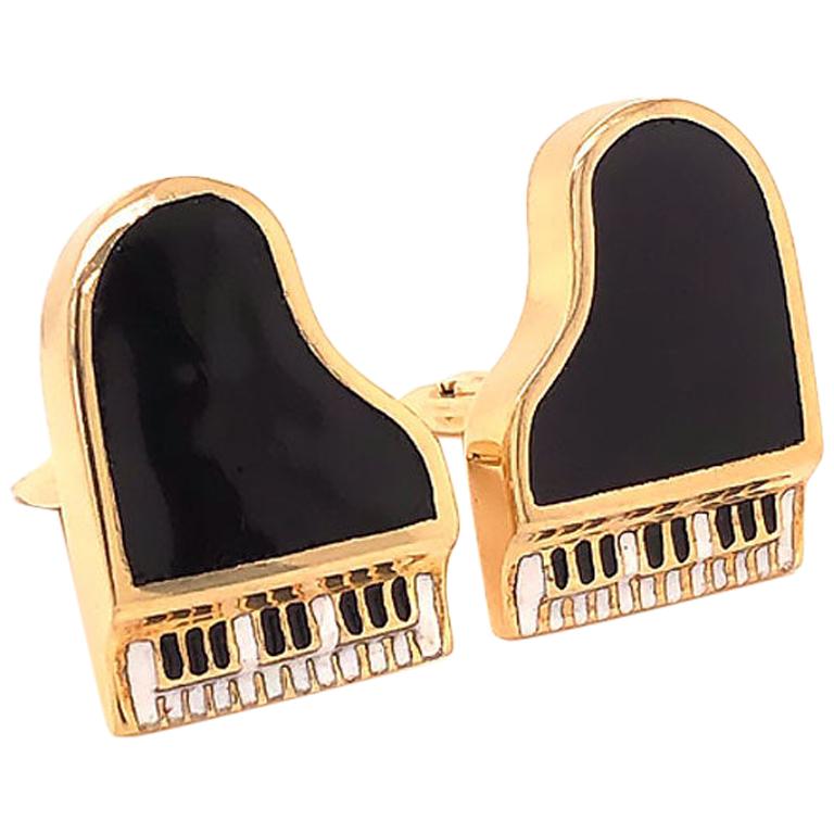 Boutons de manchette vintage pour piano en or jaune 14 carats et émail noir et blanc en vente