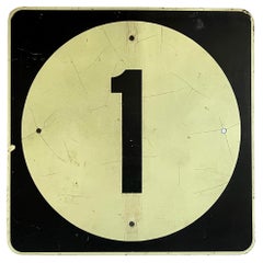 Vintage Black and White Highway One Road Sign, Enamel on Metal, Oversize