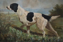 Vintage Black and White Hunting Dog Oil Painting on Canvas
