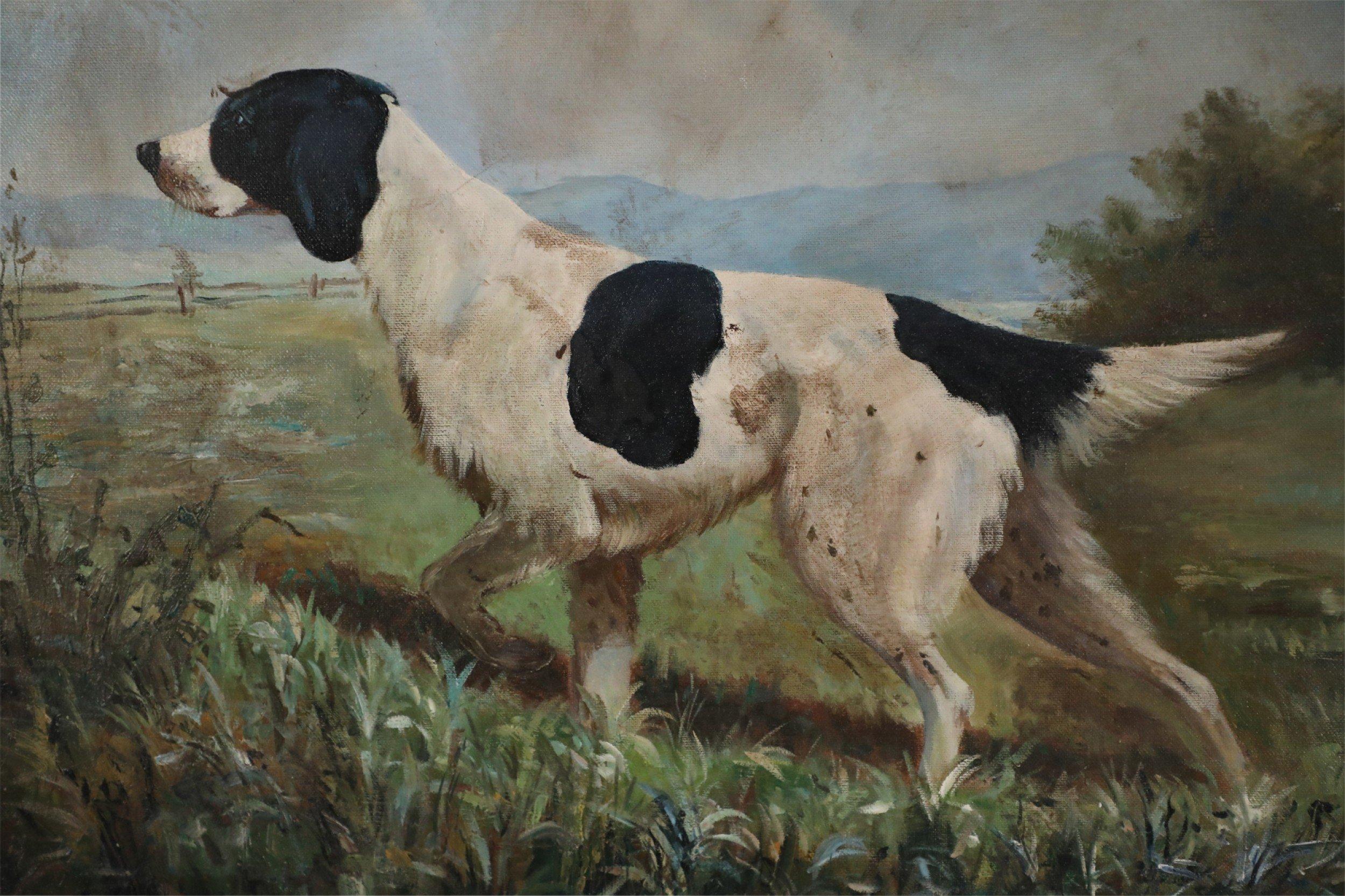 Vintage (20th Century) oil painting portraying a hunting dog in a pointing stance amid grasses, on rectangular, unframed canvas.
 
