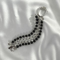 Vintage Black and White Lucite Beaded Bracelet with Clear Oval Crystal Accent