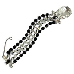 Vintage Black and White Lucite Beaded Bracelet with Clear Oval Crystal Accent