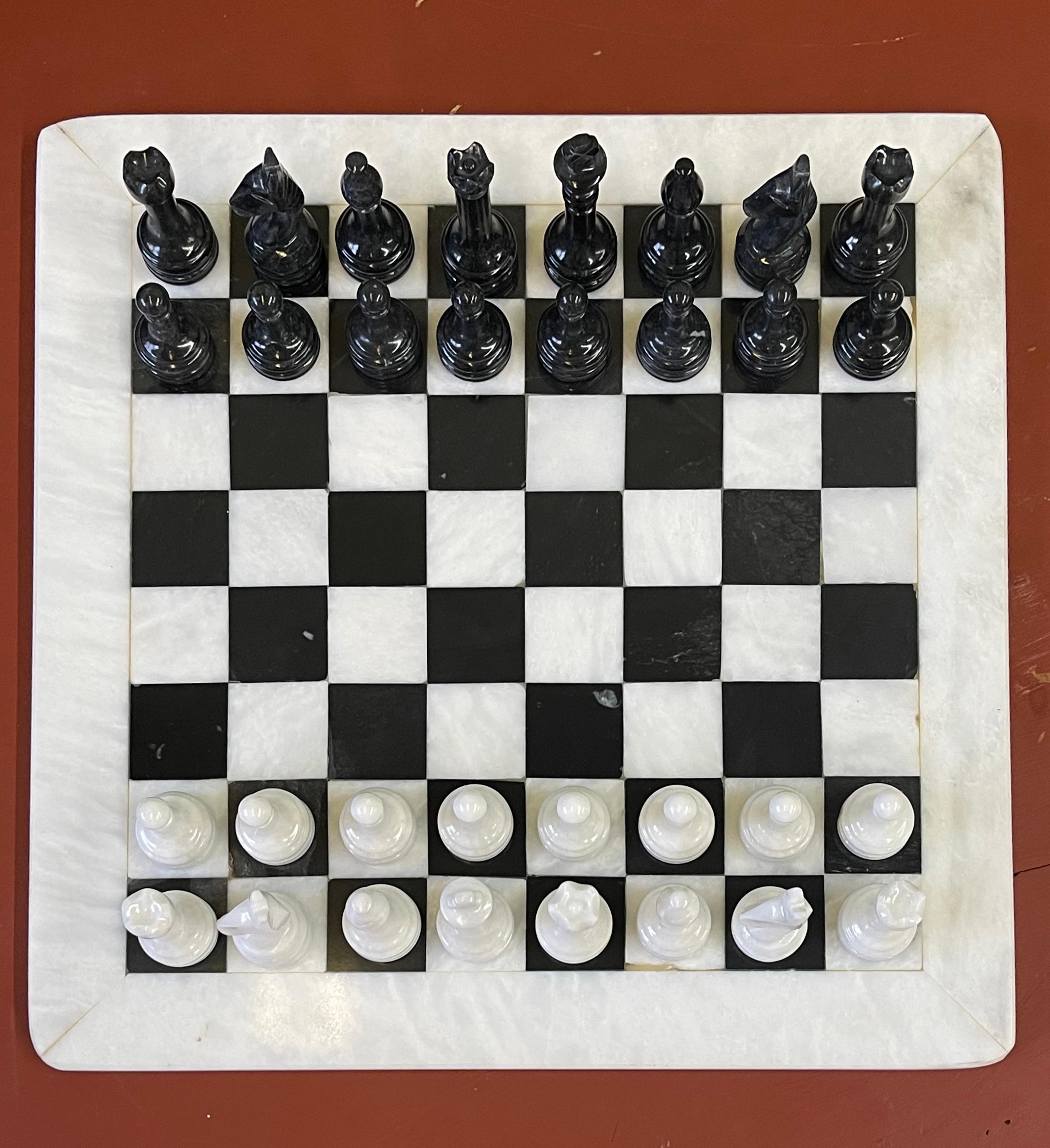 Mid-Century Modern Vintage Black and White Marble Chess Set