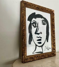 Pintura vintage en blanco y negro de Peter Keil - Cabeza de mujer en marco ornamentado
