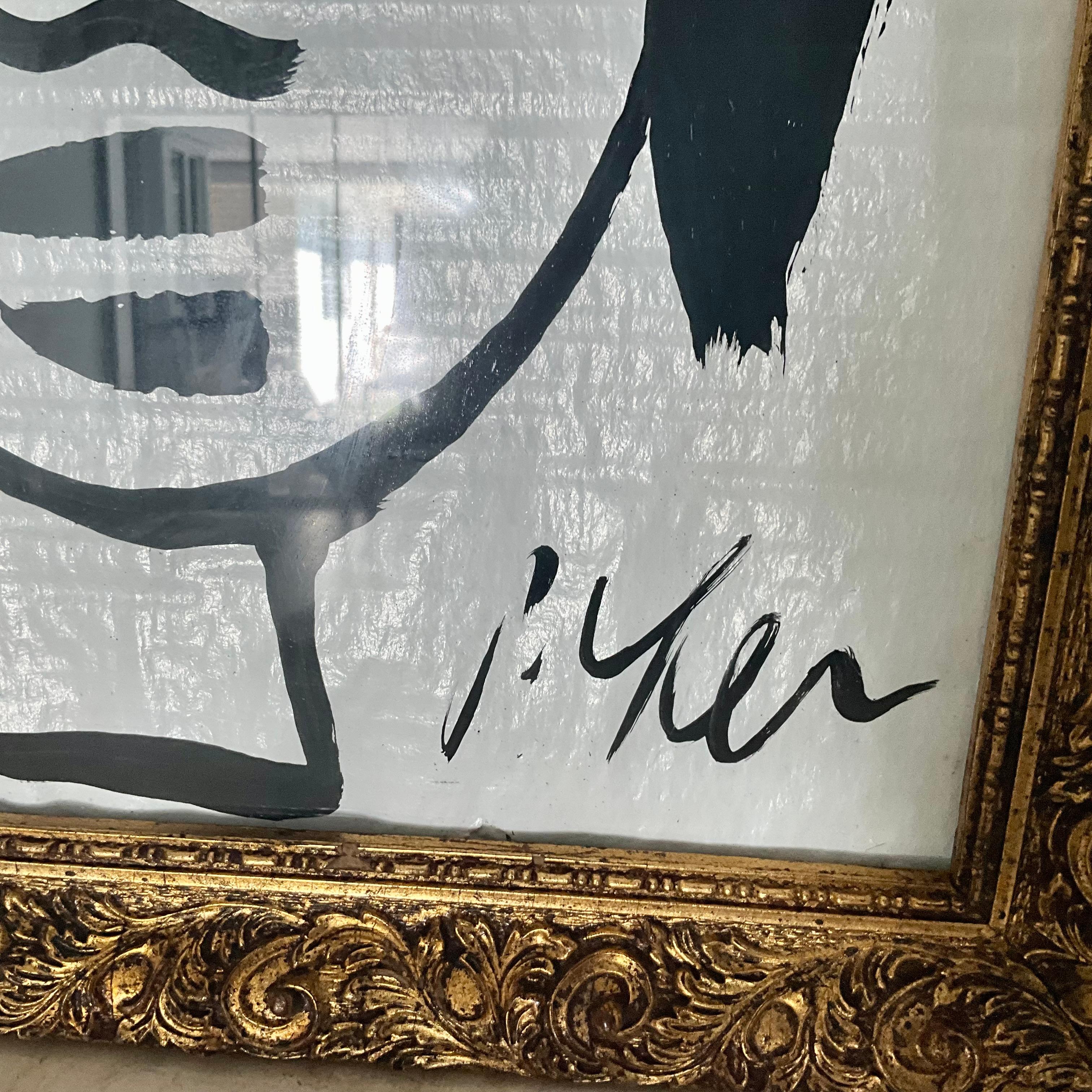 Schwarz-Weiß-Gemälde im Vintage-Stil von Peter Keil – weiblicher Kopf in verschnörkeltem Rahmen (amerikanisch) im Angebot