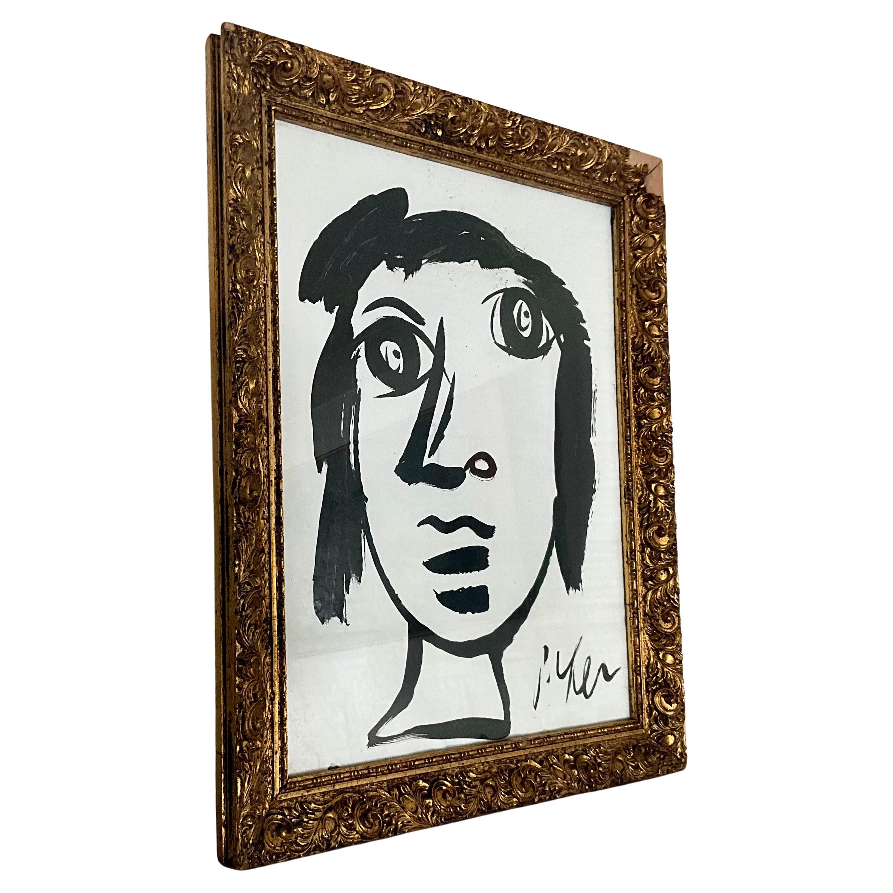 Vintage Black and White Painting by Peter Keil - Female Head in Ornate Frame