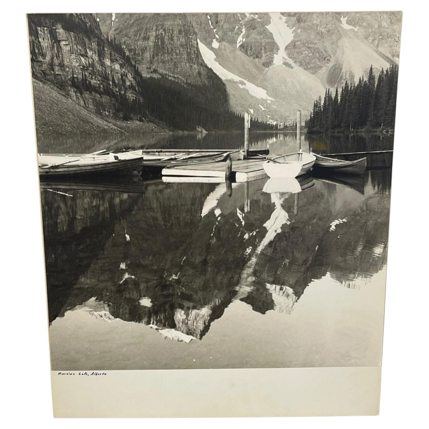 Vintage Black and White Photograph of Moraine Lake, Alberta, Canada.