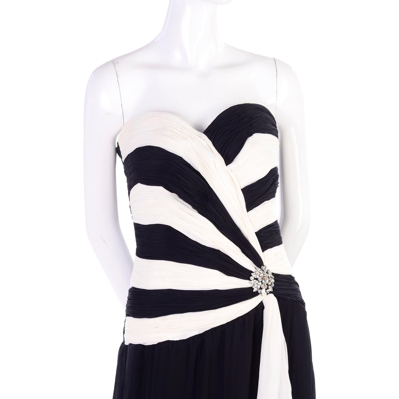 Vintage Black and White Silk Chiffon Dress Strapless Evening Gown In Excellent Condition In Portland, OR