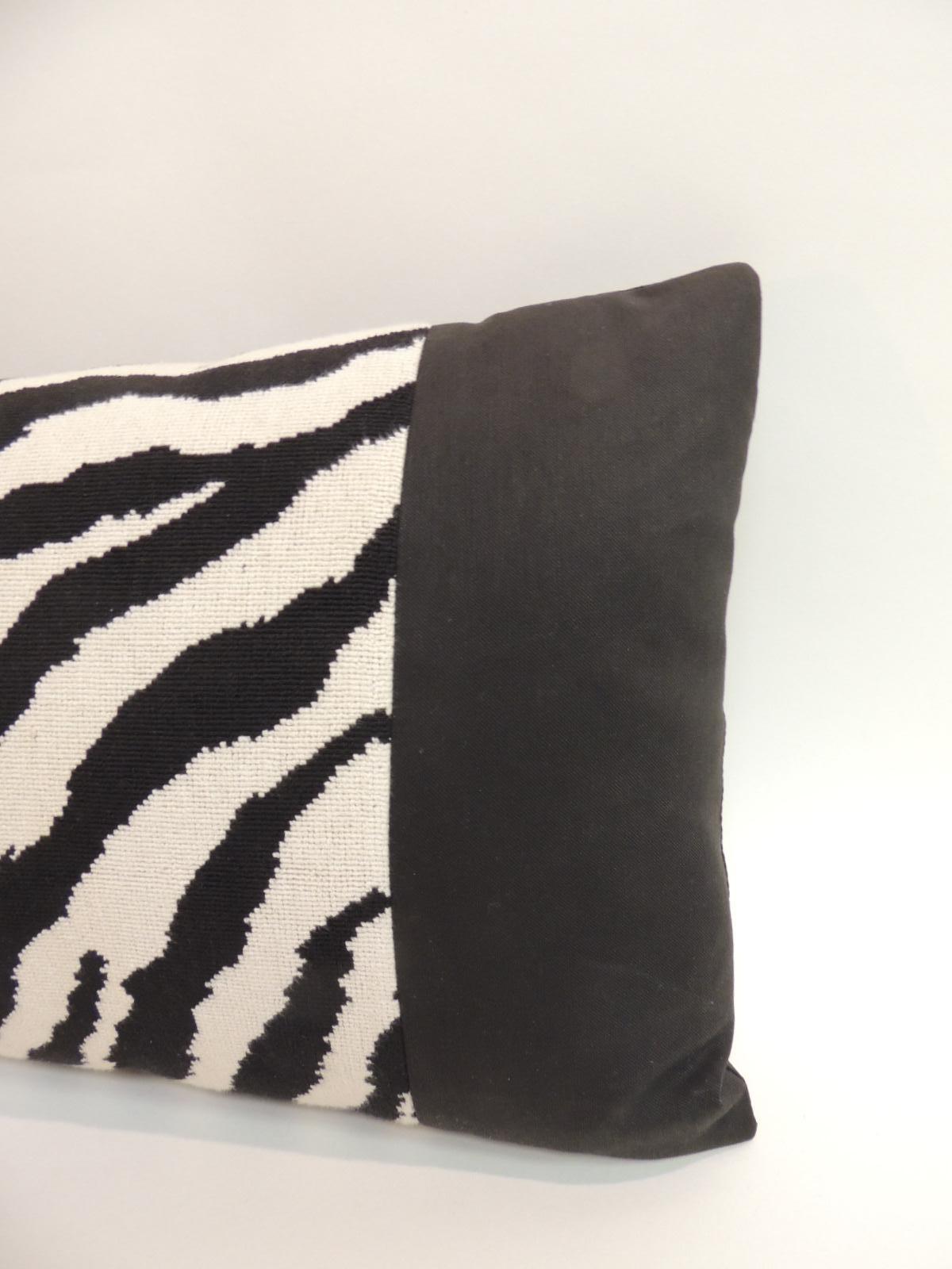 Large vintage black and white zebra pattern long decorative bolster pillow with black cotton frame and backing.
Handcrafted and designed in the USA with handstitched closure (no zipper.) with a custom made pillow insert.
Vintage Clarence House
