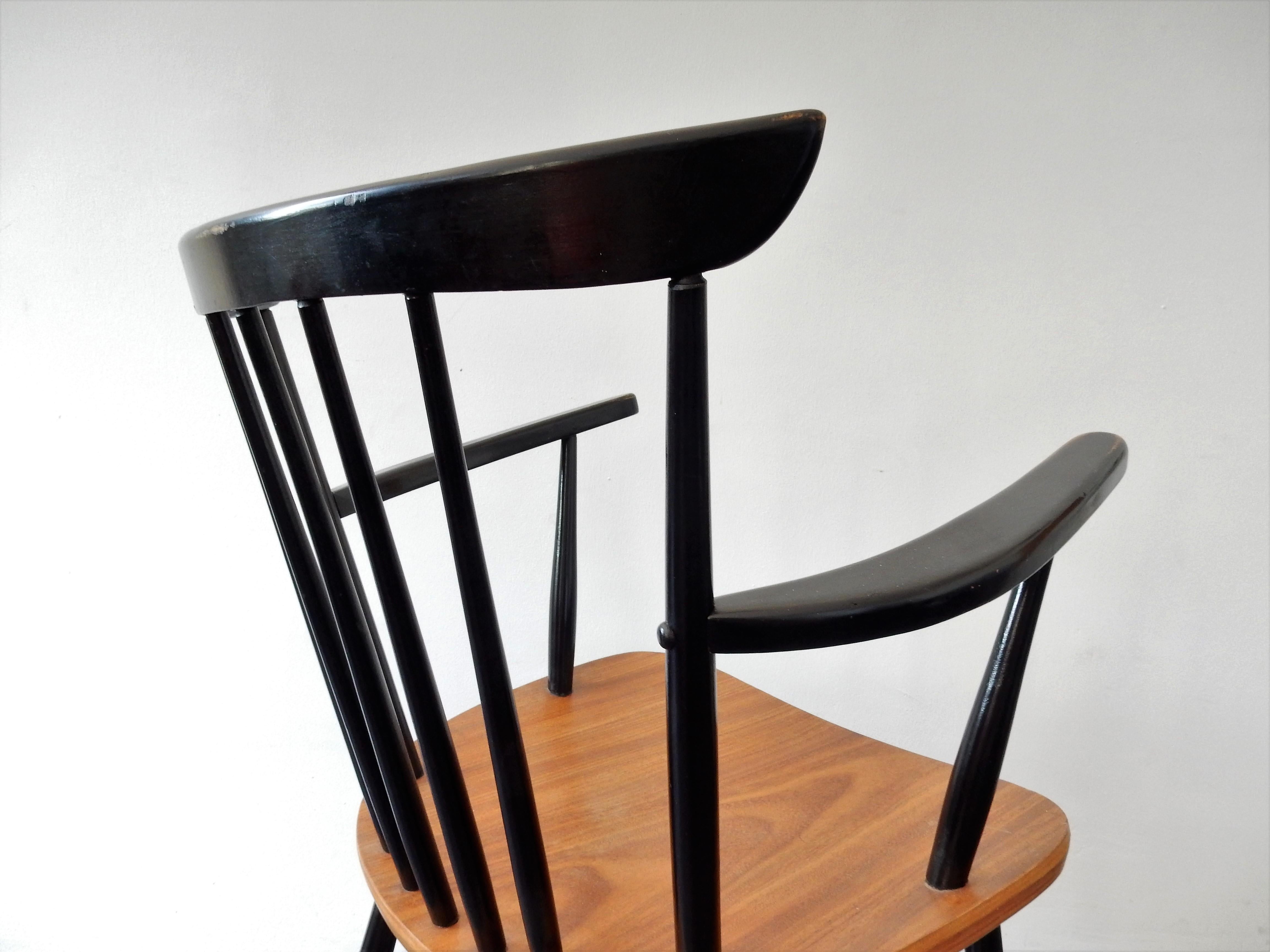 Mid-Century Modern Vintage Black and Wood Spindle Armchair, 1960s-1970s For Sale